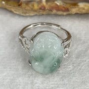 Type A White Jadeite Ring | Ethereal Floating Blueish-Green Flora (Piao Hua) | Master Hand-Carved Prosperity Pixiu | Solid S925 Sterling Silver Setting | Smart Adjustable Sizing (4.77g 18.5x12.7x6.5mm) - Huangs Jadeite and Jewelry Pte Ltd