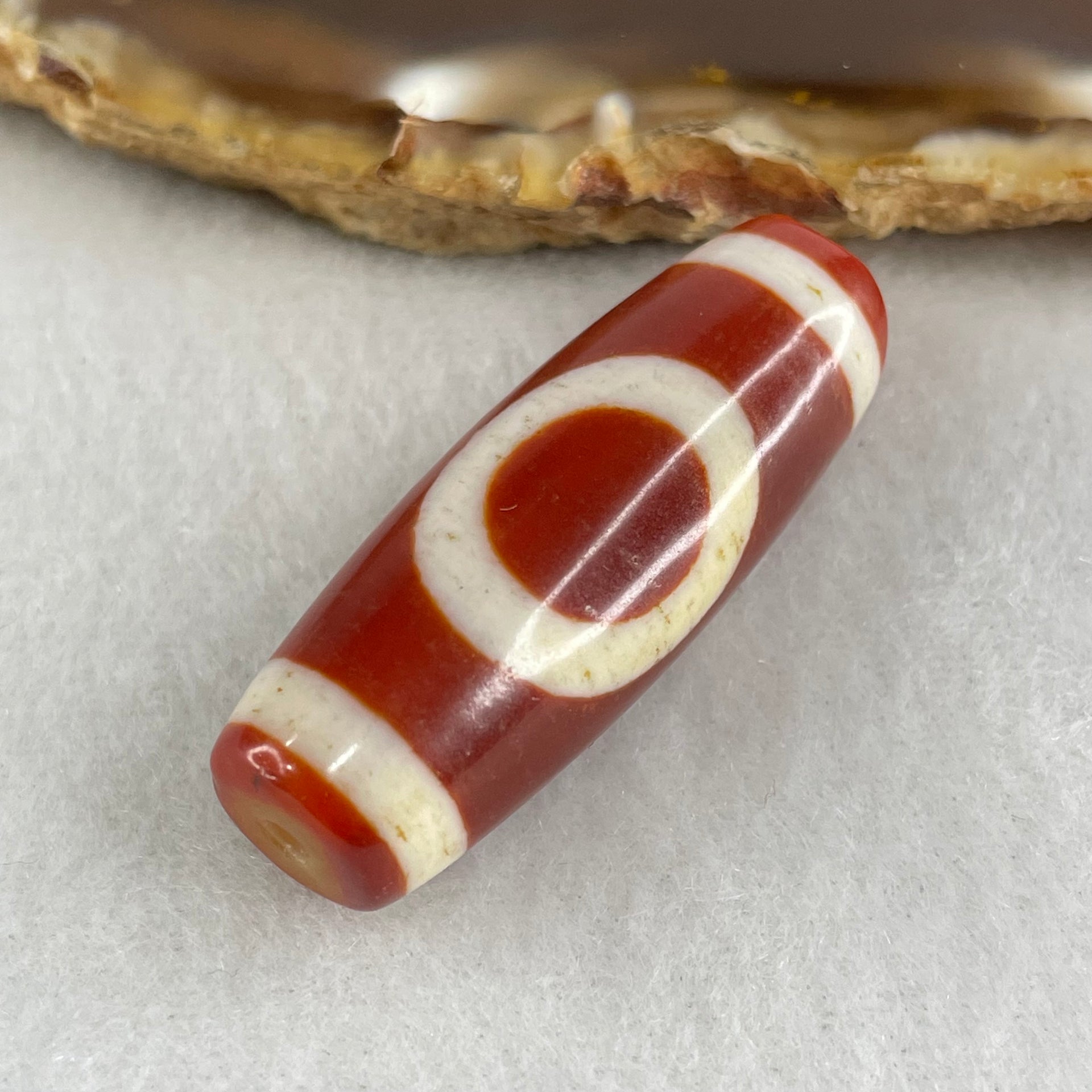 Natural Powerful Tibetan Old Oily Red White Agate One Eye Gold Metal Element Dzi Bead Heavenly Master (Tian Zhu) 一眼金天珠 11.08g 37.6 by 13.6mm - Huangs Jadeite and Jewelry Pte Ltd