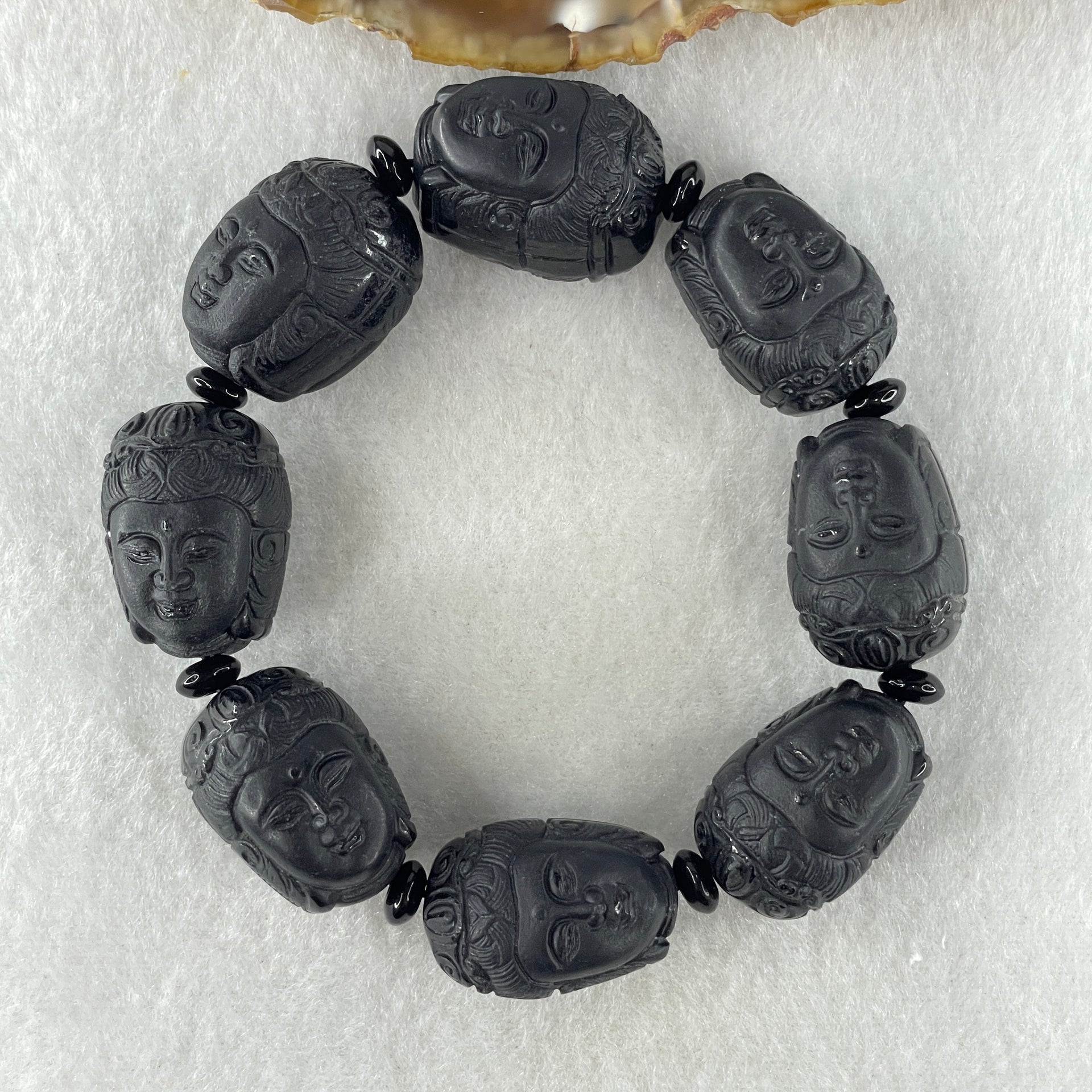 Type A Opaque Black Omphacite Jadeite Guan Yin Head Beads Bracelet 117.05g 16cm 19.7mm 8 Beads - Huangs Jadeite and Jewelry Pte Ltd