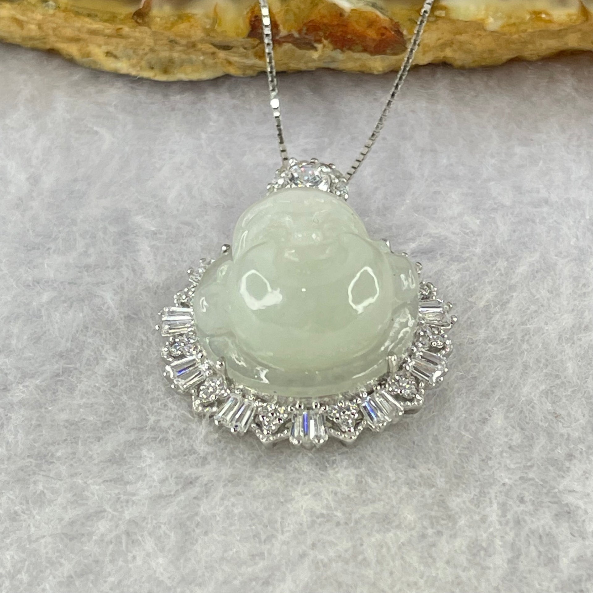 Type A Faint Lavender Green Milo Buddha with Crystals in S925 Sliver Pendant and Necklace 7.52g 16.3 by 16.3 by 11.3mm - Huangs Jadeite and Jewelry Pte Ltd