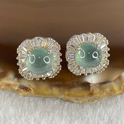 Type A Icy Blueish Green Jadeite Cabochons With Crystals in S925 Sliver Earrings 3.72g 7.1 by 4.5mm - Huangs Jadeite and Jewelry Pte Ltd