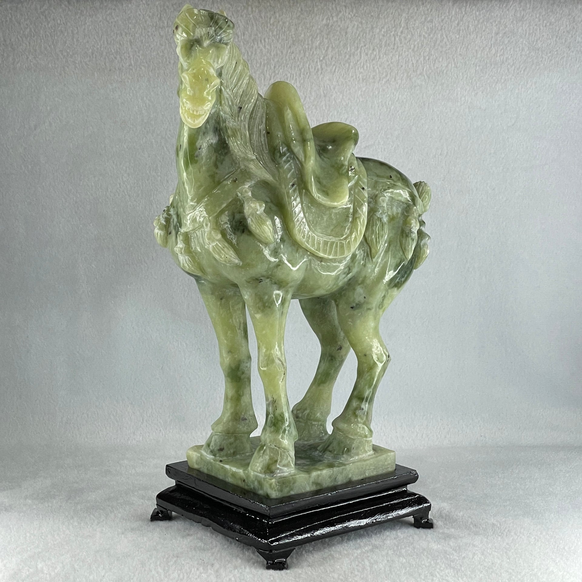 Natural Green Serpentine Victory Horse with Wooden Stand Display 2,539.2g 187.0 by 273.0 by 110.0mm - Huangs Jadeite and Jewelry Pte Ltd