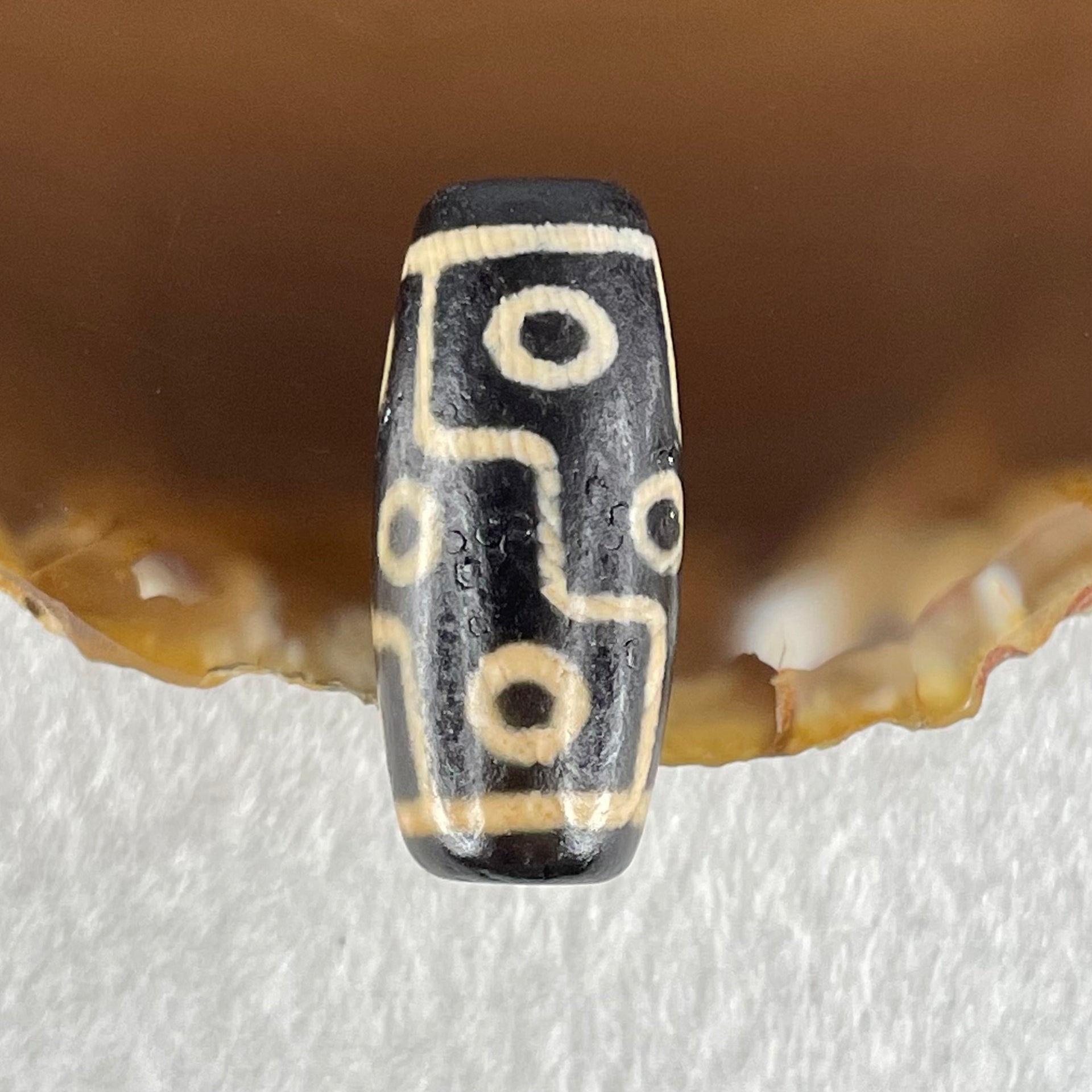 Natural Powerful Tibetan Old Oily Dark Brown with Yellowish White Agate 9 Eyes Dzi Bead Heavenly Master (Tian Zhu) 九眼天诛 6.62g 28.0 by 12.4mm - Huangs Jadeite and Jewelry Pte Ltd