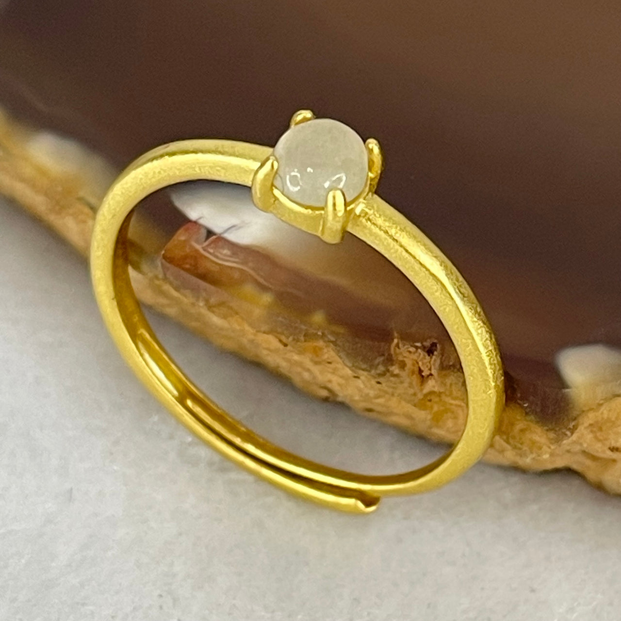 Type A Icy Cabochon Lavender Jadeite in S925 Sliver Gold Color Ring (Adjustable Size) 1.09g 4.4 by 3.8 by 2.0mm - Huangs Jadeite and Jewelry Pte Ltd