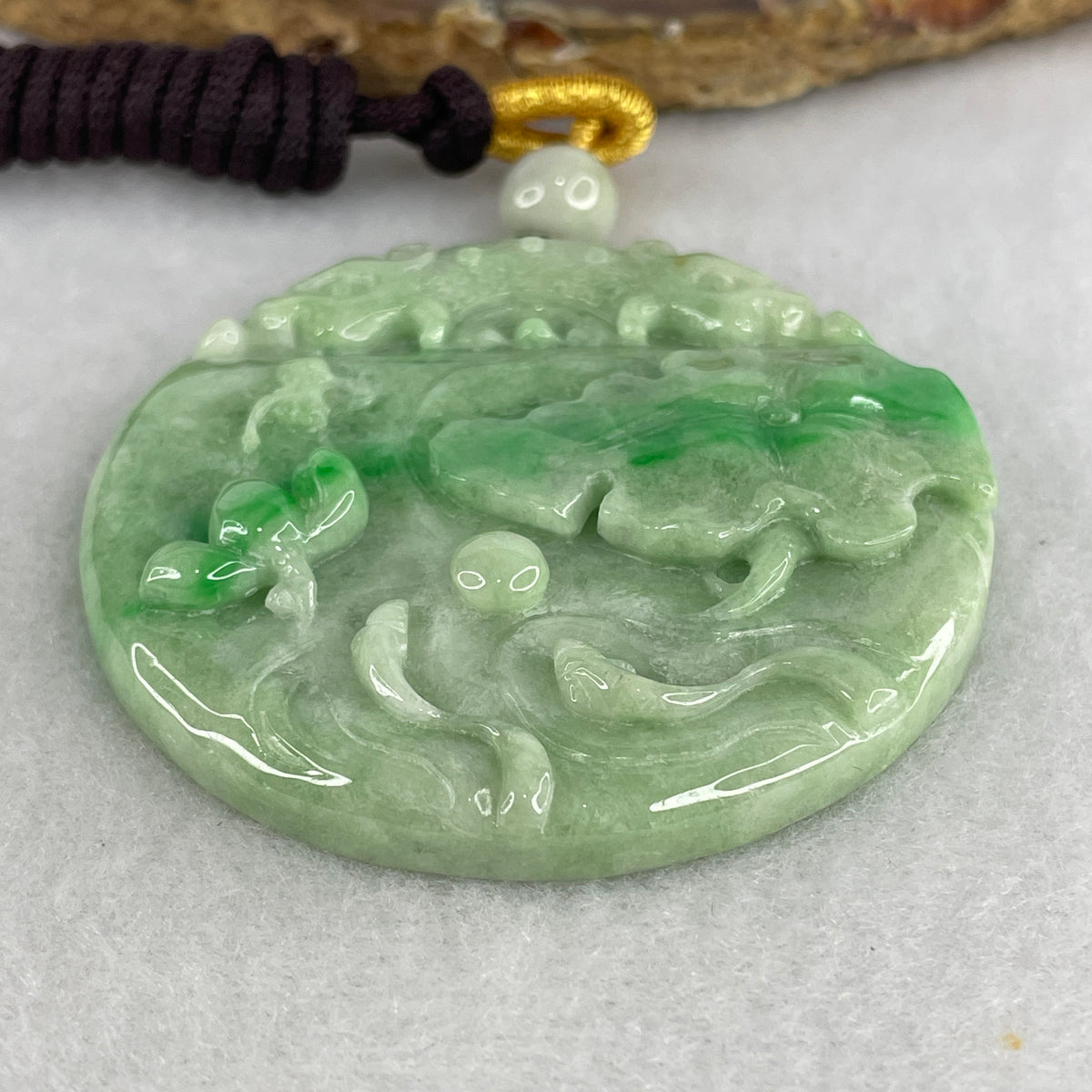 Natural Type A Green Jadeite Double-Headed Dragon with Lotus & Twin Fish Pendant | Imperial Fortune & Abundance (48.69g | Apple Green Piao Hua | 54.7x8.6mm)