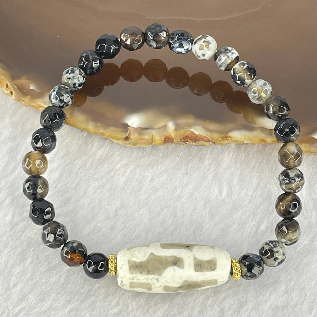 Rare Natural Powerful Tibetan Old Antique Oily Agate 9 Eyes Dzi Bead Heavenly Master (Tian Zhu) 25.6 by 11.2mm with Natural Black Agate 6.1mm 27 Beads 12.68g 16cm - Huangs Jadeite and Jewelry Pte Ltd