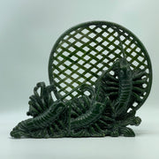 Natural Dark Green Nephrite 3 Prawns in Net with Wooden Display 2,568.0g 280.0 by 95.0 by 270.0mm - Huangs Jadeite and Jewelry Pte Ltd