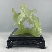 Natural Green Serpentine Twin Magpie Birds on Tree with Wooden Stand Display 792.2g L203.0 by B146.0 by H170.0 mm - Huangs Jadeite and Jewelry Pte Ltd