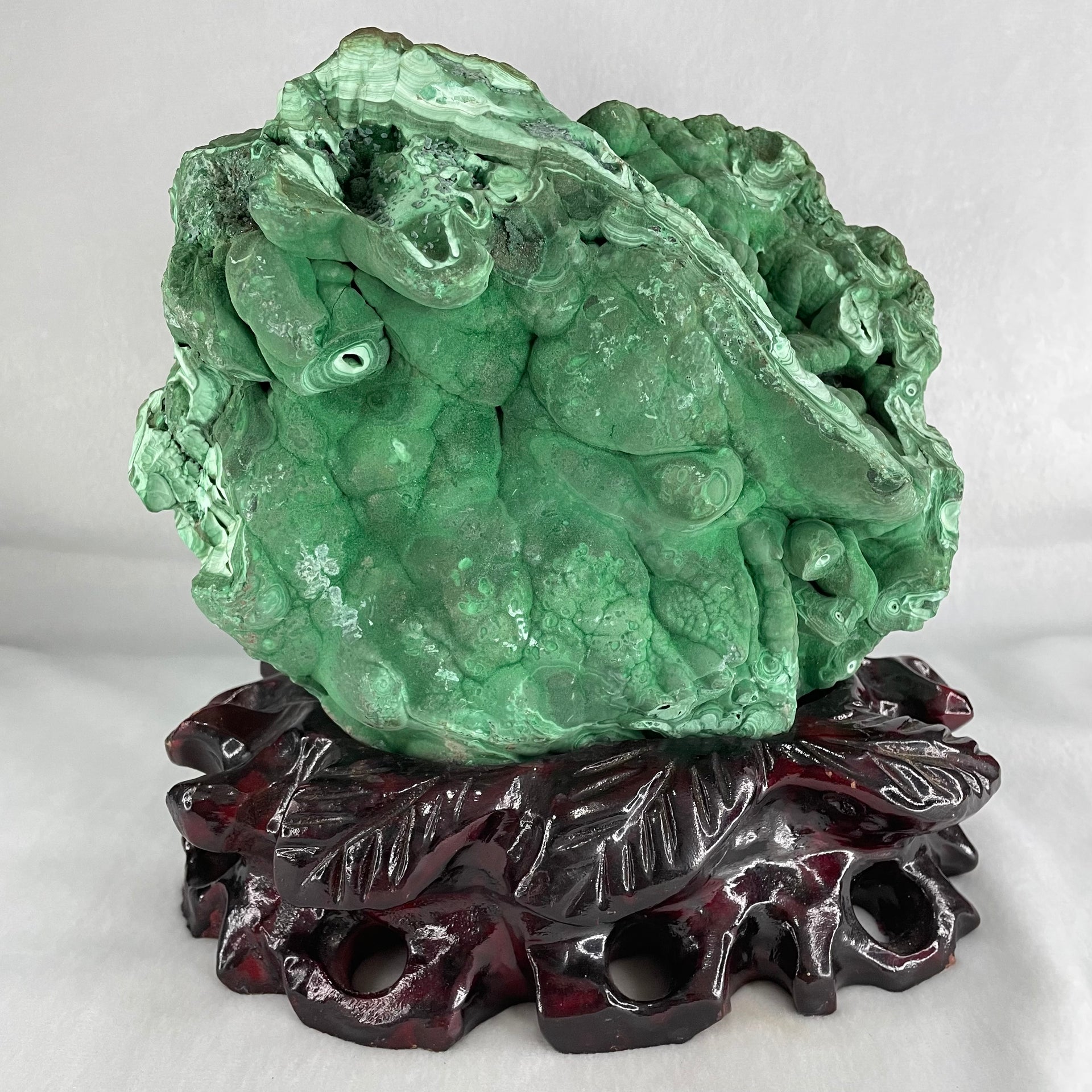 Natural Malachite with Wooden Stand Display 6,768.1g 210.0 by 150.0 by 200.0mm - Huangs Jadeite and Jewelry Pte Ltd