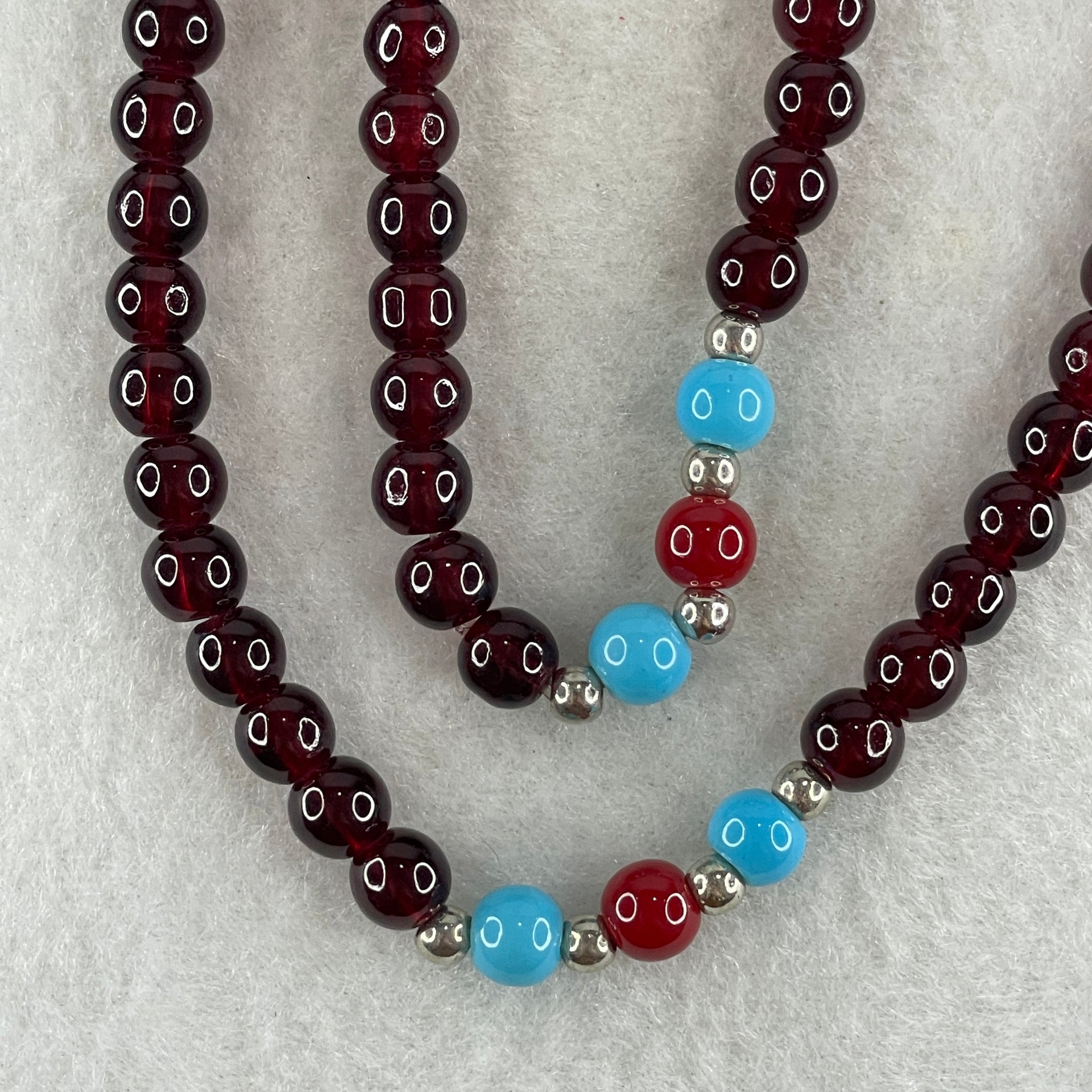 Man Made Red with Blue and Red Agate Beads Necklace 27.08g 52cm 6.4mm 76Beads - Huangs Jadeite and Jewelry Pte Ltd