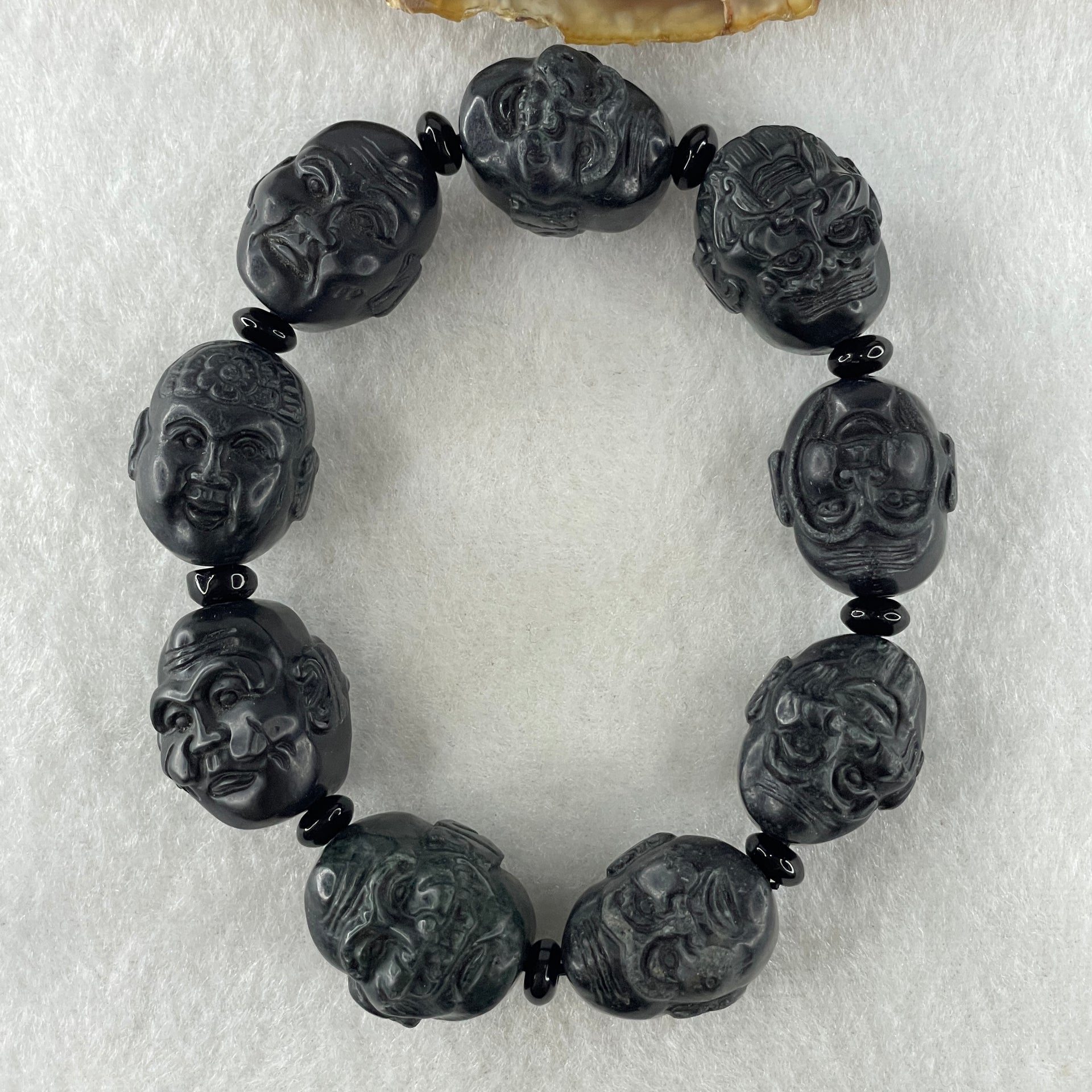 Type A Opaque Black Omphacite Jadeite Eighteen Arhats or 18 Luohans  十八羅漢 Head Beads Bracelet 101.90g 16cm 19.9mm 9 Beads - Huangs Jadeite and Jewelry Pte Ltd