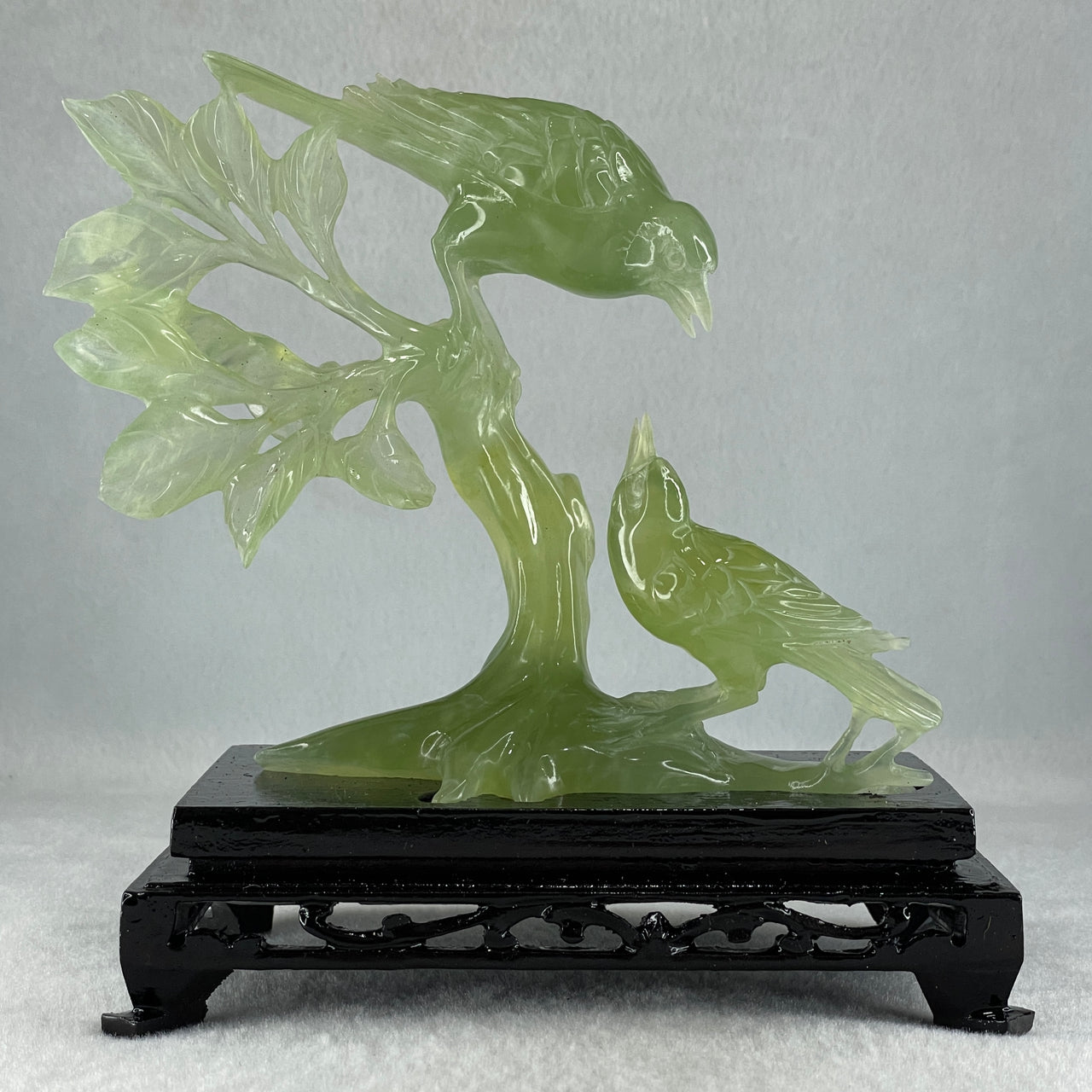 Natural Green Serpentine Double Birds on Tree with Wooden Stand Display 322.6g 74.0 by 155.0 by 75.8mm - Huangs Jadeite and Jewelry Pte Ltd