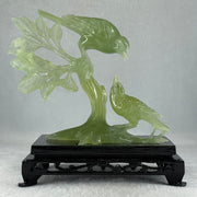 Natural Green Serpentine Double Birds on Tree with Wooden Stand Display 322.6g 74.0 by 155.0 by 75.8mm - Huangs Jadeite and Jewelry Pte Ltd