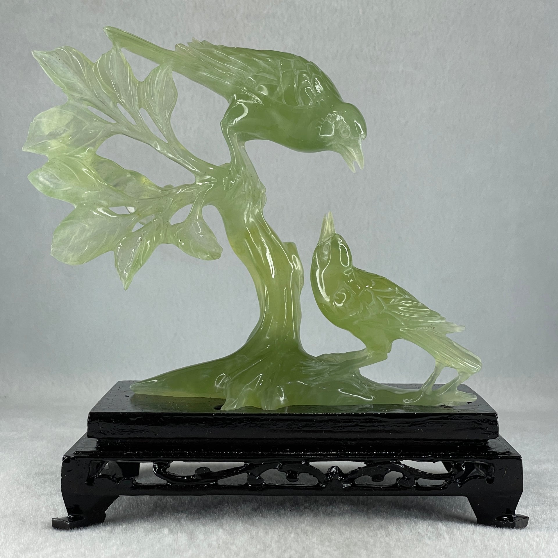 Natural Green Serpentine Double Birds on Tree with Wooden Stand Display 322.6g 74.0 by 155.0 by 75.8mm - Huangs Jadeite and Jewelry Pte Ltd