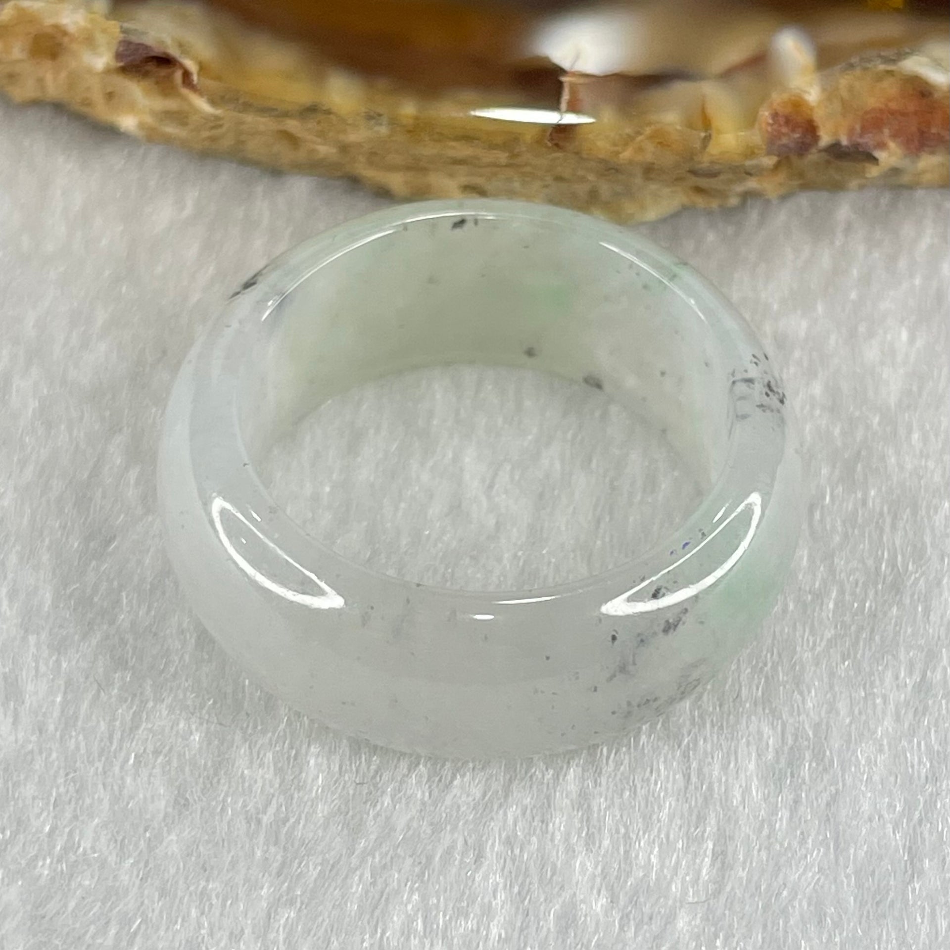 Type A Faint Lavender Green Close to White with Wuji Black Grey Patches Jadeite Ring 5.52g 8.8 by 3.6mm US9.3 HK20.8 - Huangs Jadeite and Jewelry Pte Ltd