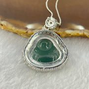 Type A Icy Blueish Green Jadeite Milo Buddha Pendent with Crystals in S925 Sliver Setting and Chain 11.73g 20.8 by 23.5 by 3.5mm - Huangs Jadeite and Jewelry Pte Ltd