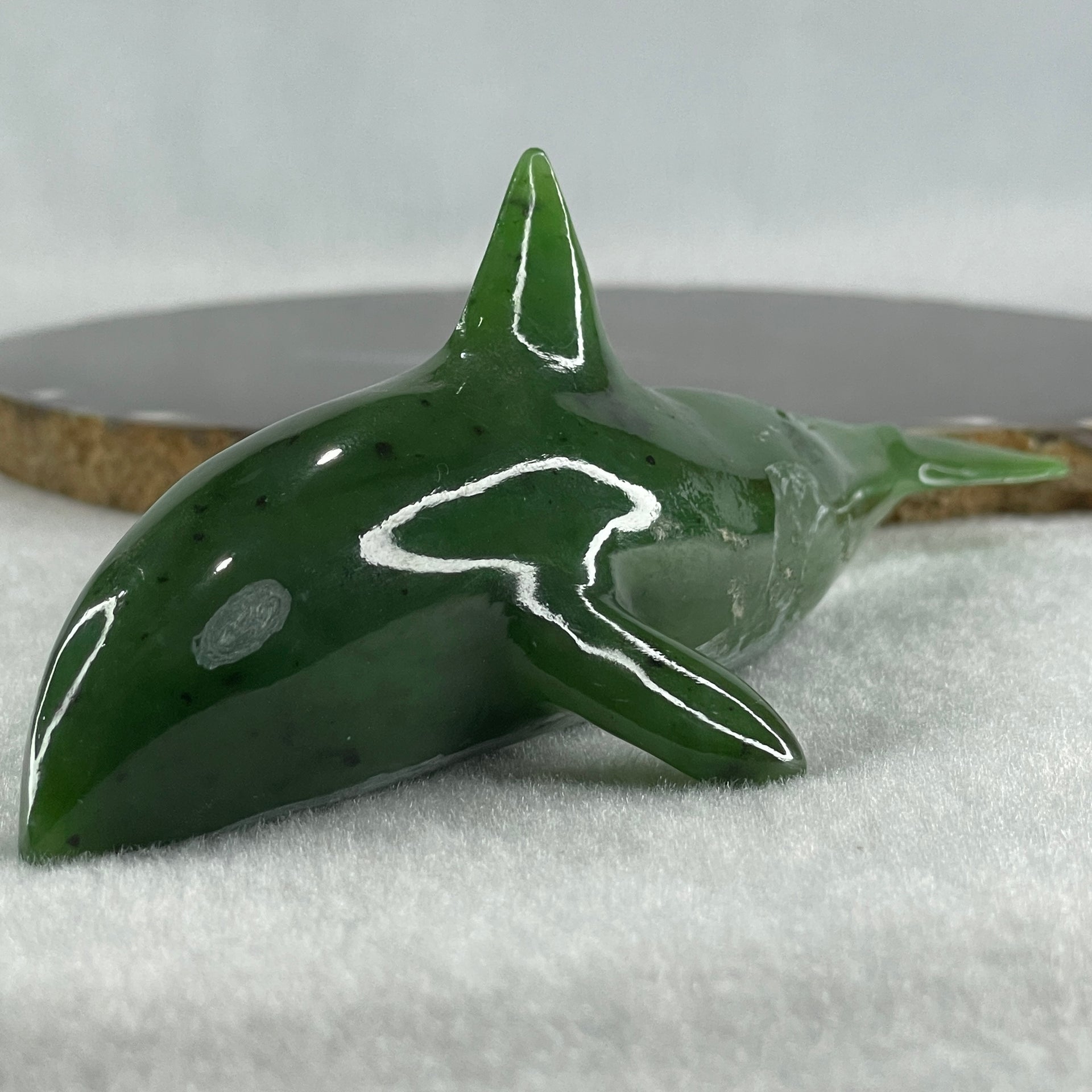 Natural Dark Green Serpentine Killer Whale Display 148.0g 143.5 by 55.0 by 48.5mm - Huangs Jadeite and Jewelry Pte Ltd