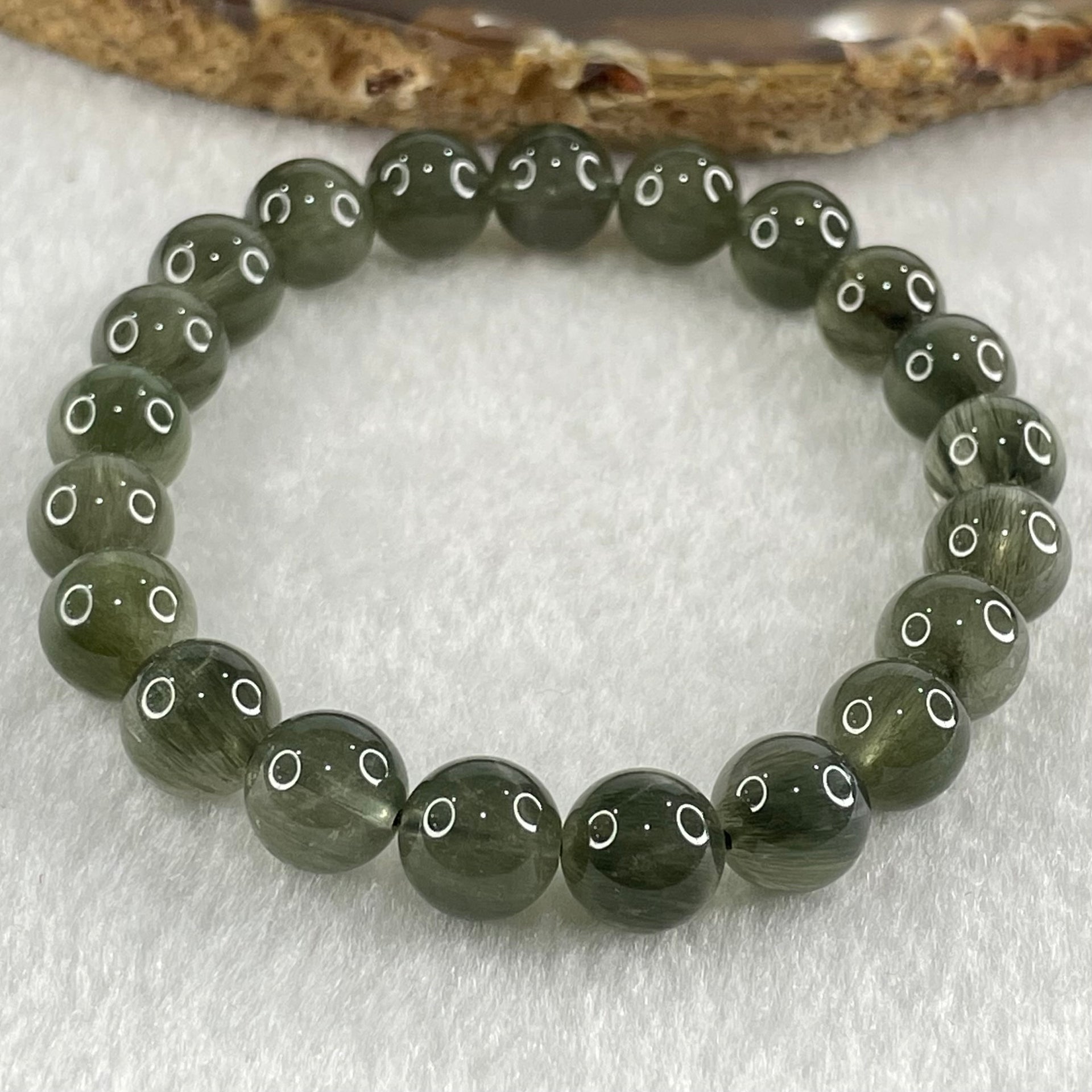 Good Grade Natural Cats Eye Green Rutilated Quartz Beads Bracelet 22.71g 16cm 9.3mm 21 Beads - Huangs Jadeite and Jewelry Pte Ltd