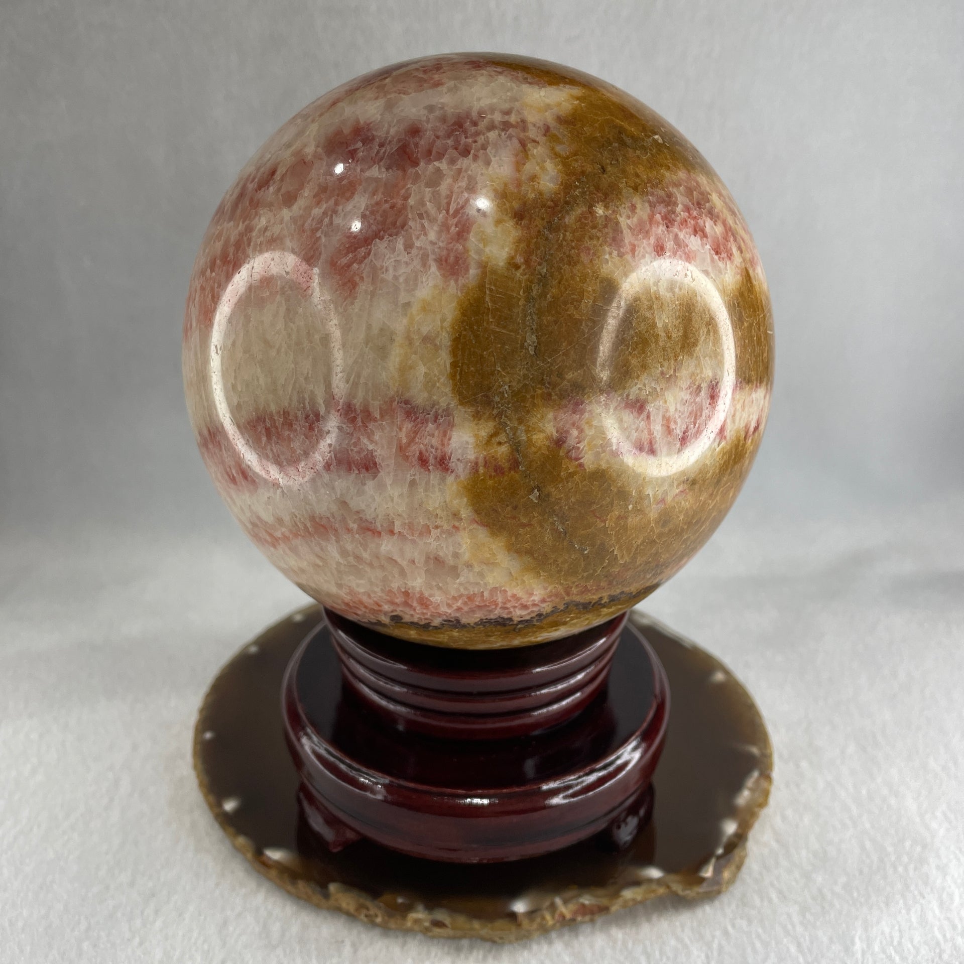 Natural Pink Brown Calcite Sphere Ball with Wooden Stand Display 2,818.4g 122.0 by 170.0mm - Huangs Jadeite and Jewelry Pte Ltd