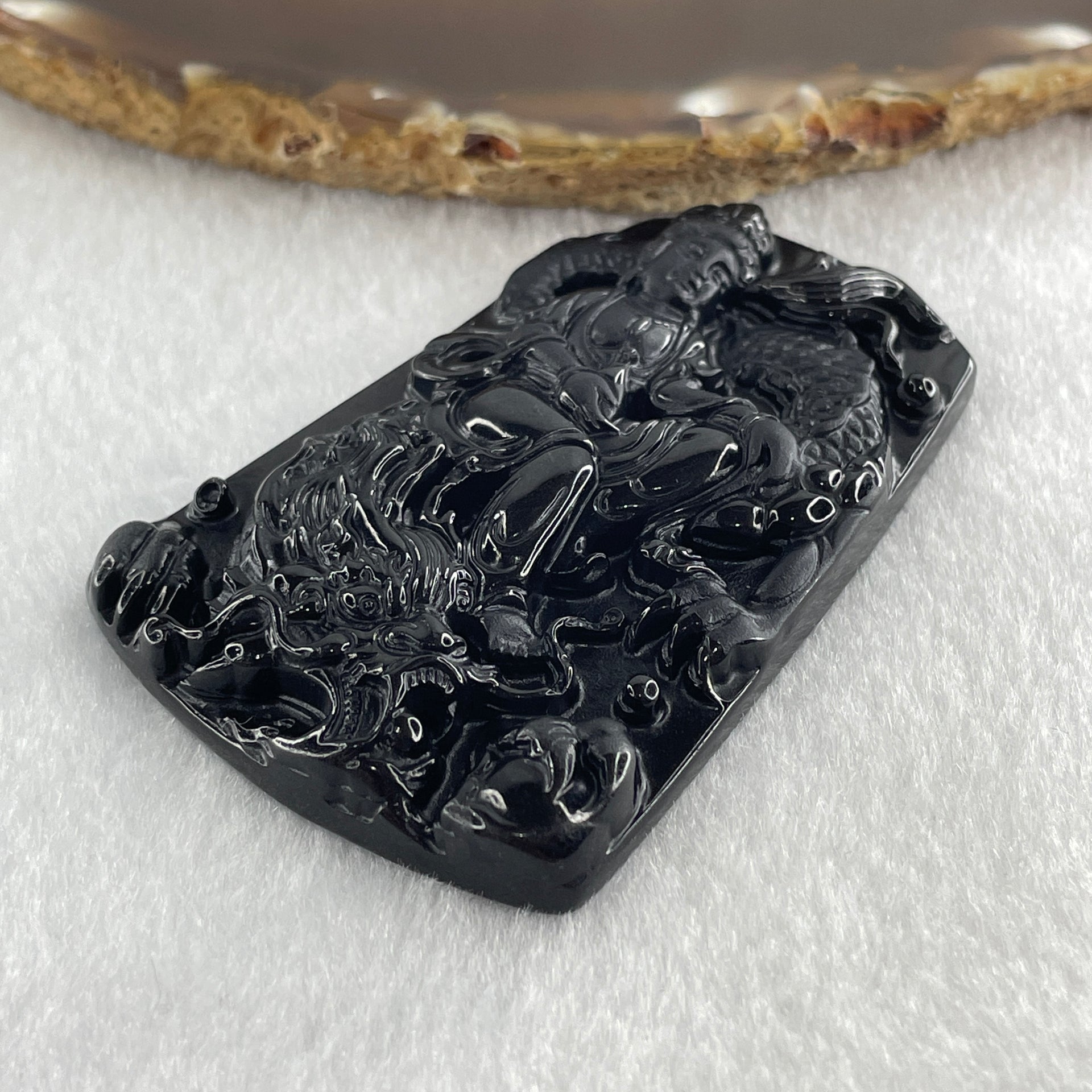 Type A Opaque Black Omphacite Jadeite Guan Yin on Dragon Pendant 36.54g 66.7 by 43.5 by 8.0mm - Huangs Jadeite and Jewelry Pte Ltd