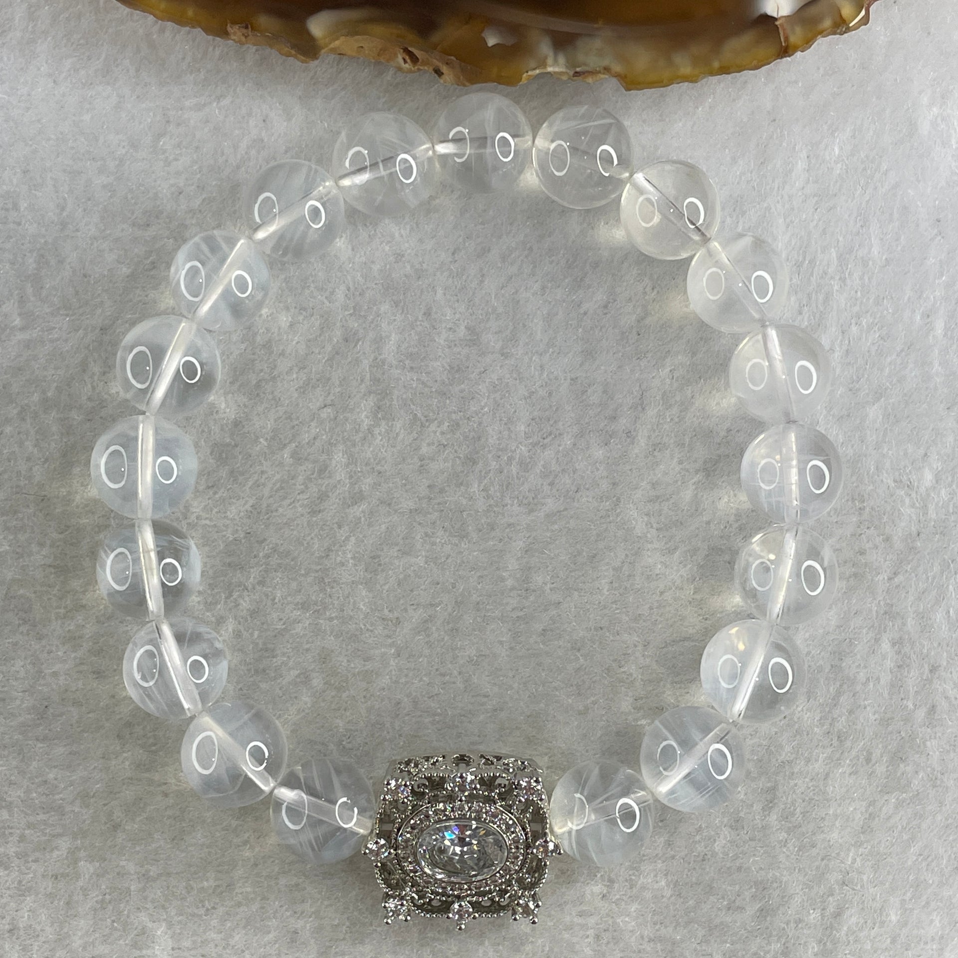 Good Grade Natural White Phantom Quartz Beads Bracelet with Charm 26.36g 16.5cm 9.7mm 19 Beads - 9.1 by 8.1 by 2.0mm Charm - Huangs Jadeite and Jewelry Pte Ltd