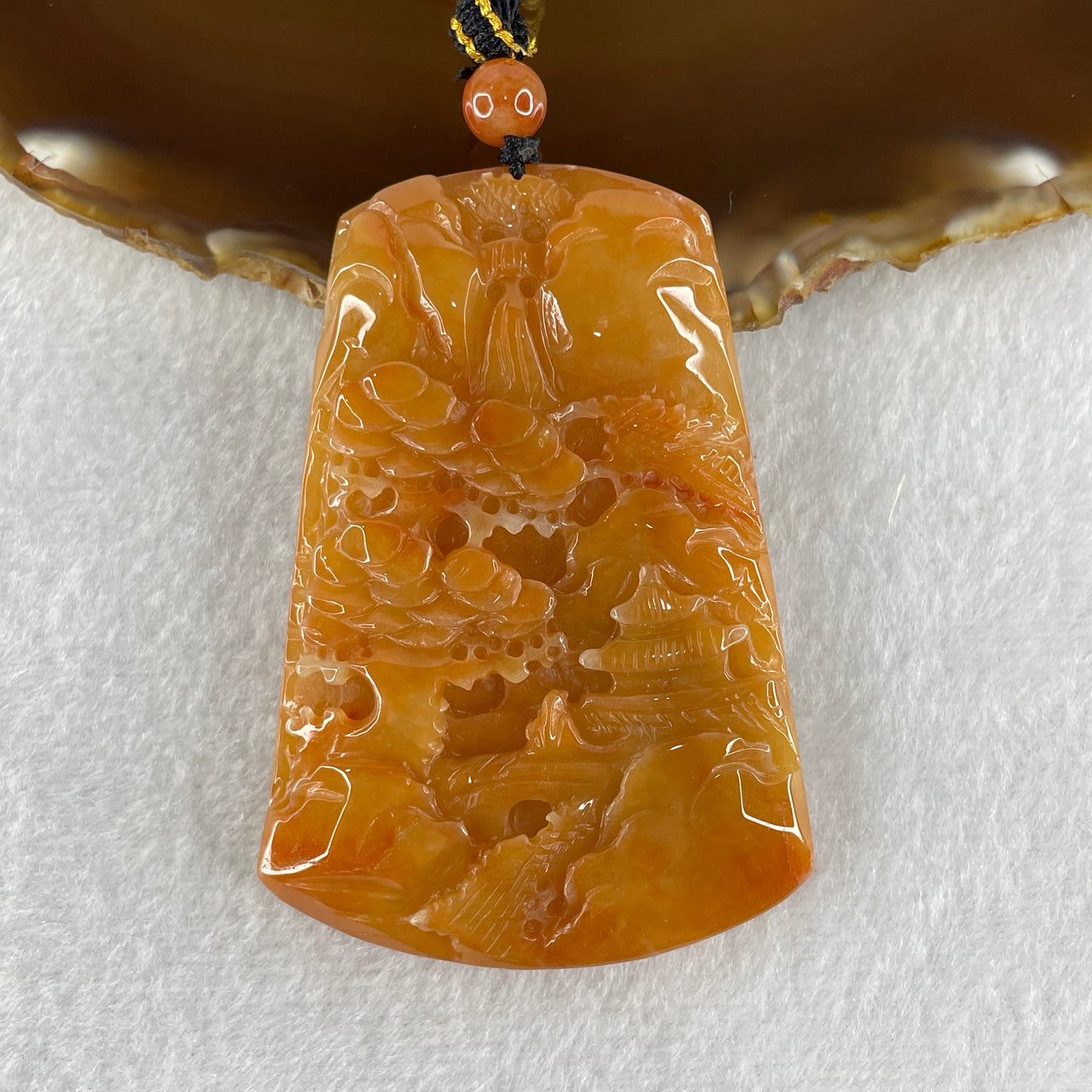 Natural Type A Red Jadeite Shan Shui Scenic with Gui Ren Benefactor Pendant 72.10g 68.1 by 47.5 by 9.6mm (Burned)