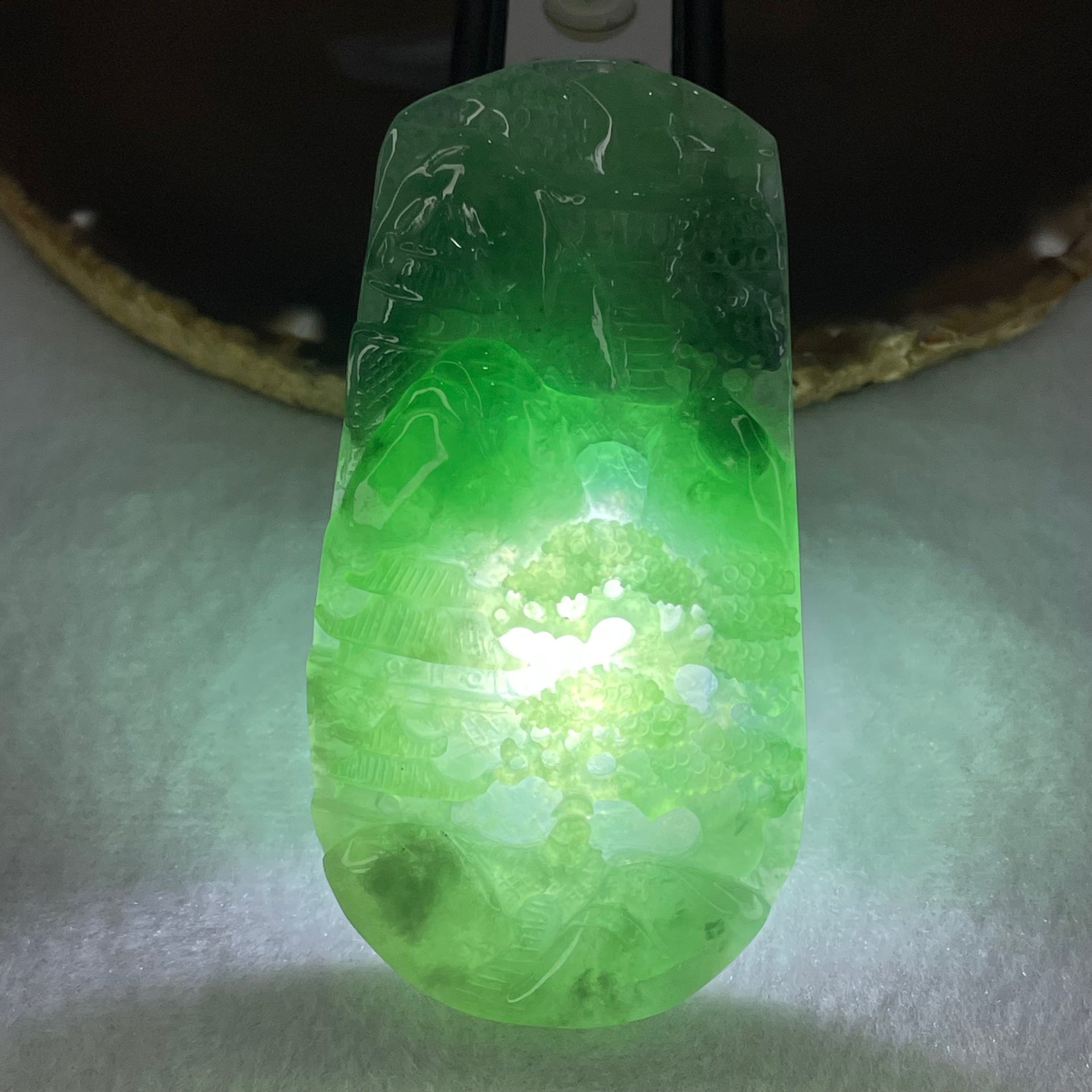 Type A Semi Icy Bright Green Jadeite Double Sided Shan Shui with Gui Ren Benefactor Pendant 47.64g 76.5 by 39.9 by 9.0mm - Huangs Jadeite and Jewelry Pte Ltd