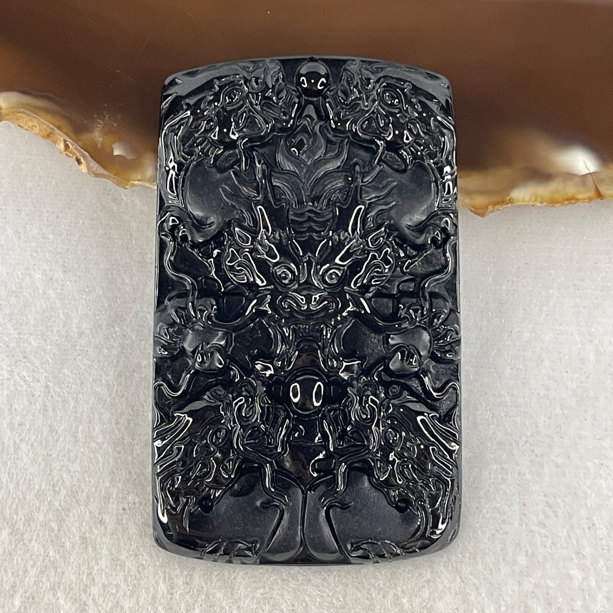 Certified Natural Type A Black Omphacite Jadeite 5 Dragon Head Pendant | Supreme Sovereign Authority & Dragon Clan Shield (23.87g | 63.6x38.5x6.3mm)