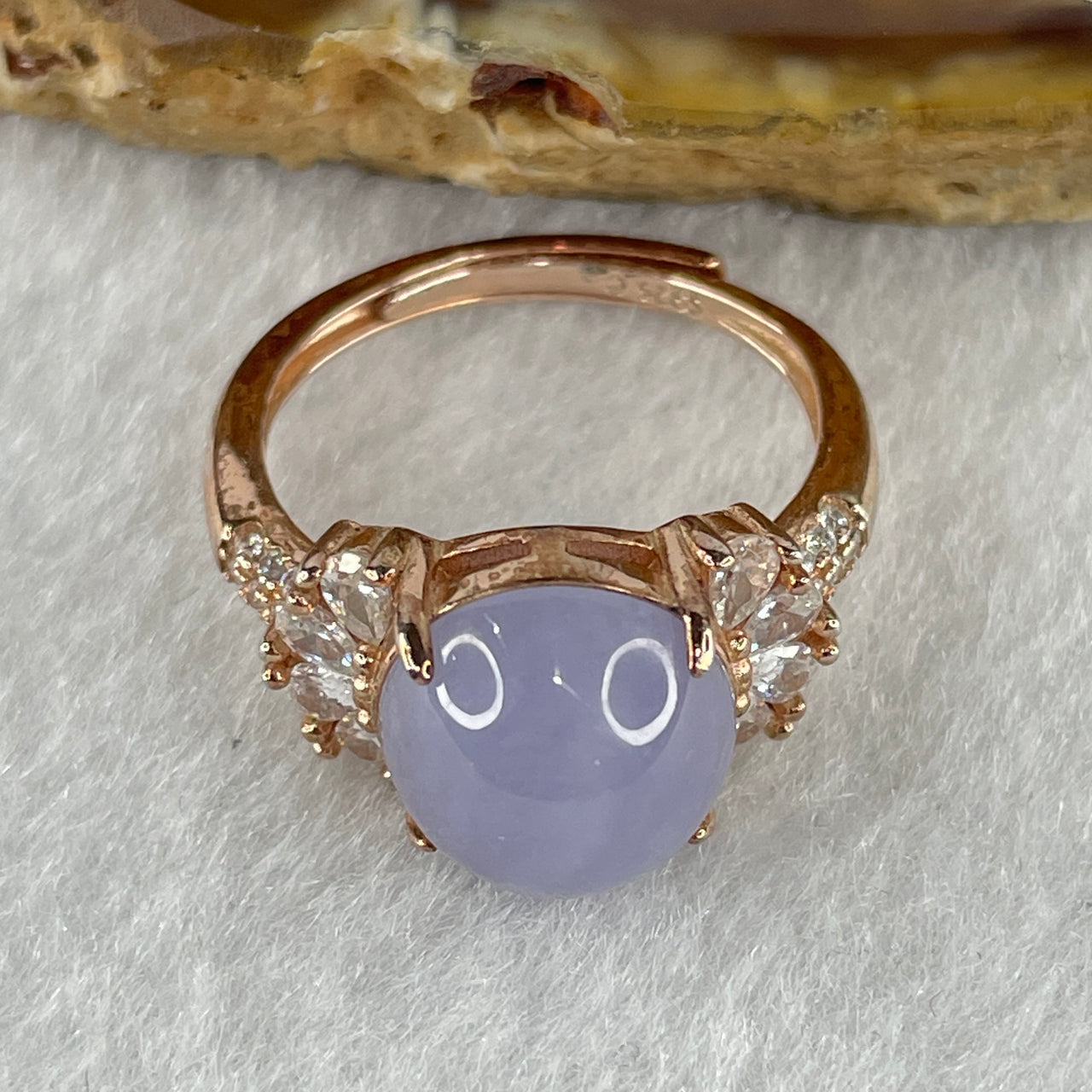 Certified Natural Type A Lavender Jadeite Round Shape Cabouchon with Cubic Zirconia in S925 Rose Gold Coler Silver Ring (Adjustable Size) 3.908g 10.3 by 9.7 by 6.0mm