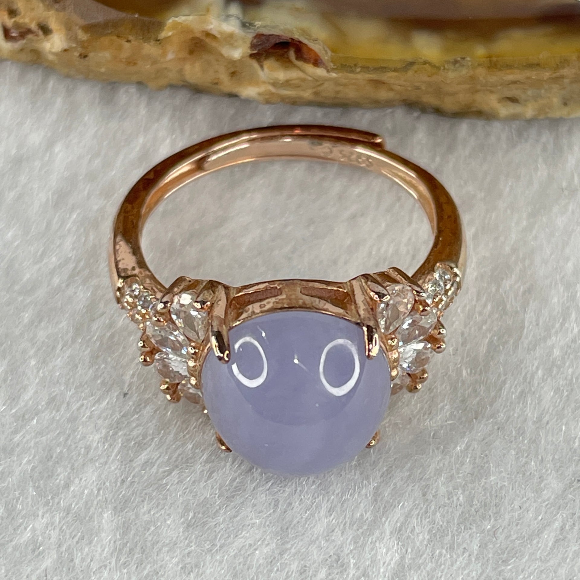 Certified Natural Type A Lavender Jadeite Round Shape Cabouchon with Cubic Zirconia in S925 Rose Gold Coler Silver Ring (Adjustable Size) 3.908g 10.3 by 9.7 by 6.0mm - Huangs Jadeite and Jewelry Pte Ltd