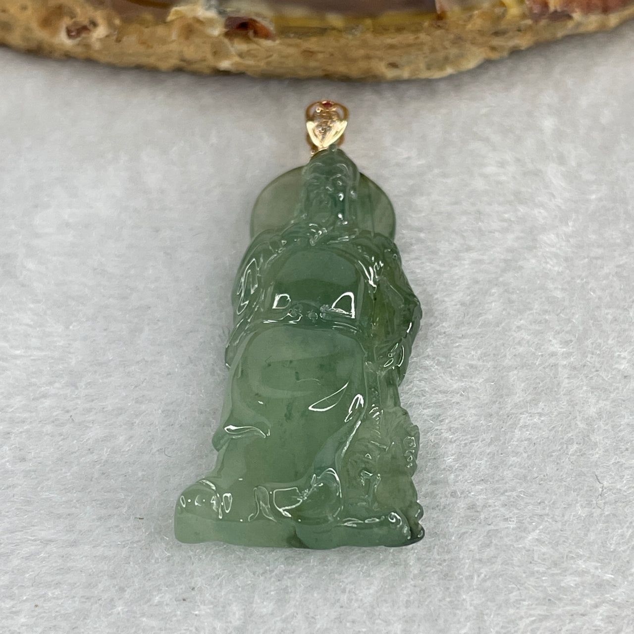 Natural Type A Icy Green Jadeite Guan Gong with 18k Gold Clasp Pendant 6.46g 41.7 by 18.0 by 5.1mm