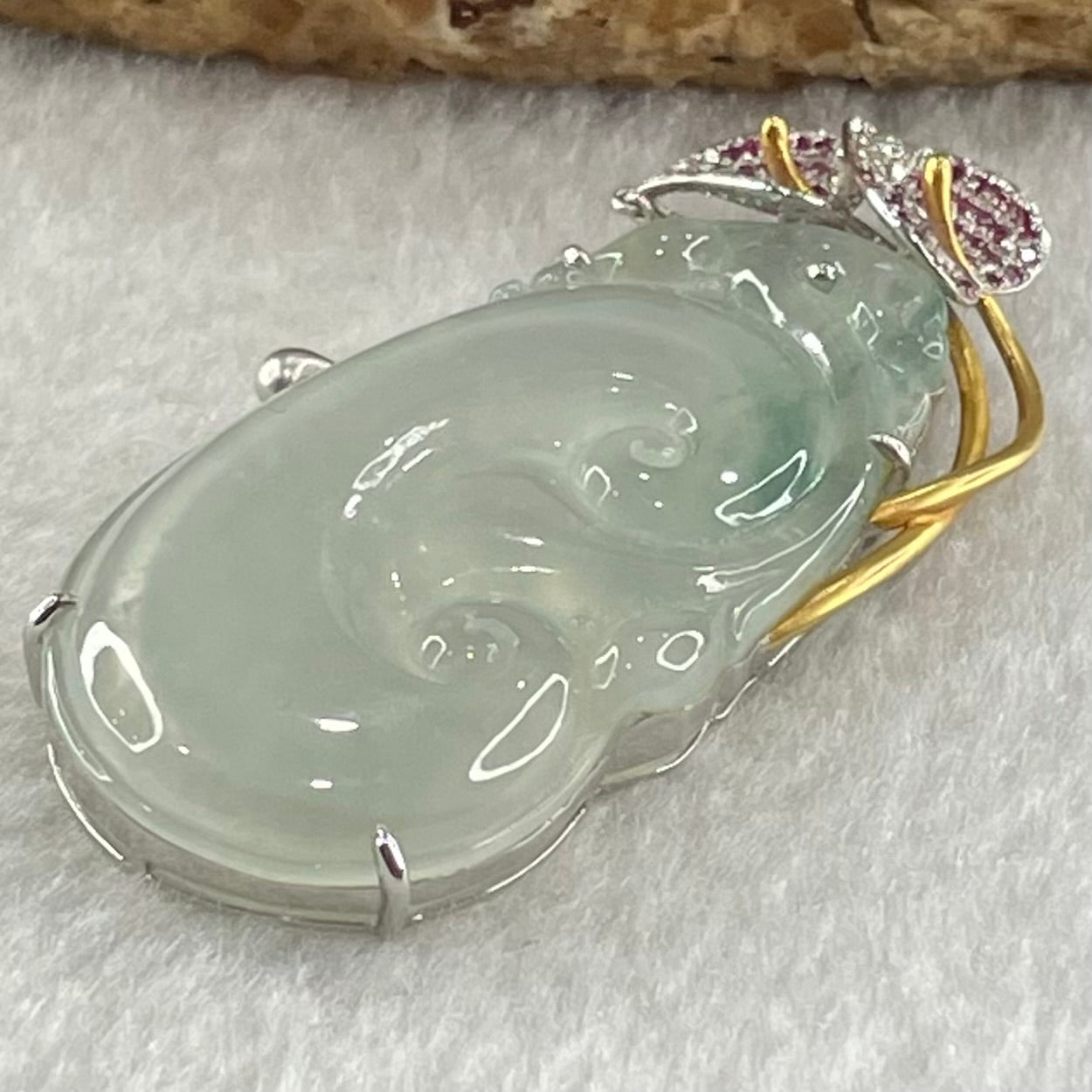 Type A Icy Colourless Jadeite Dragon on Ruyi with Diamonds and Rubilite in 18K White and Yellow Gold 11.22g 42.0 by 21.9 by 3.5mm - Huangs Jadeite and Jewelry Pte Ltd
