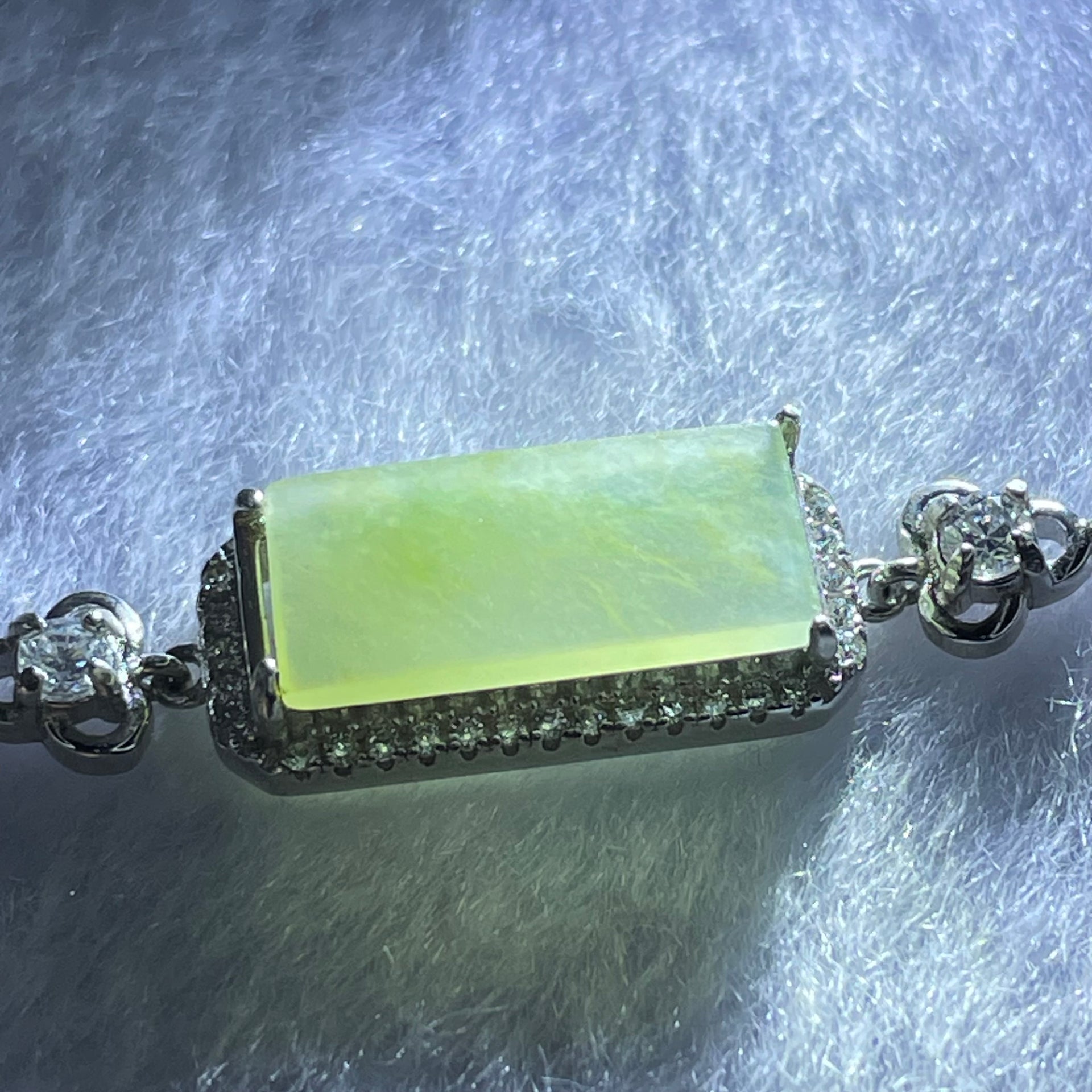 Type A Icy Green Jadeite Mini Rectangle Wu Shi Pai with Crystals in S925 Sliver Bracelet 4.18g 14.8 by 7.0 by 1.6mm - Huangs Jadeite and Jewelry Pte Ltd