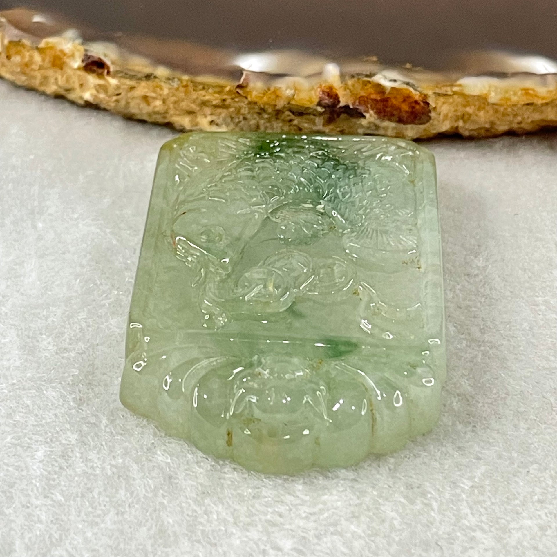 (Pre-Love) Lotus on Water by Yun Long Zi Type A Semi Icy Light Green with Green Piao Hua Jadeite Arona Fish with Bat and Coins 30.46g 48.9 by 31.6 by 7.9mm with Full Original Box Set - Huangs Jadeite and Jewelry Pte Ltd