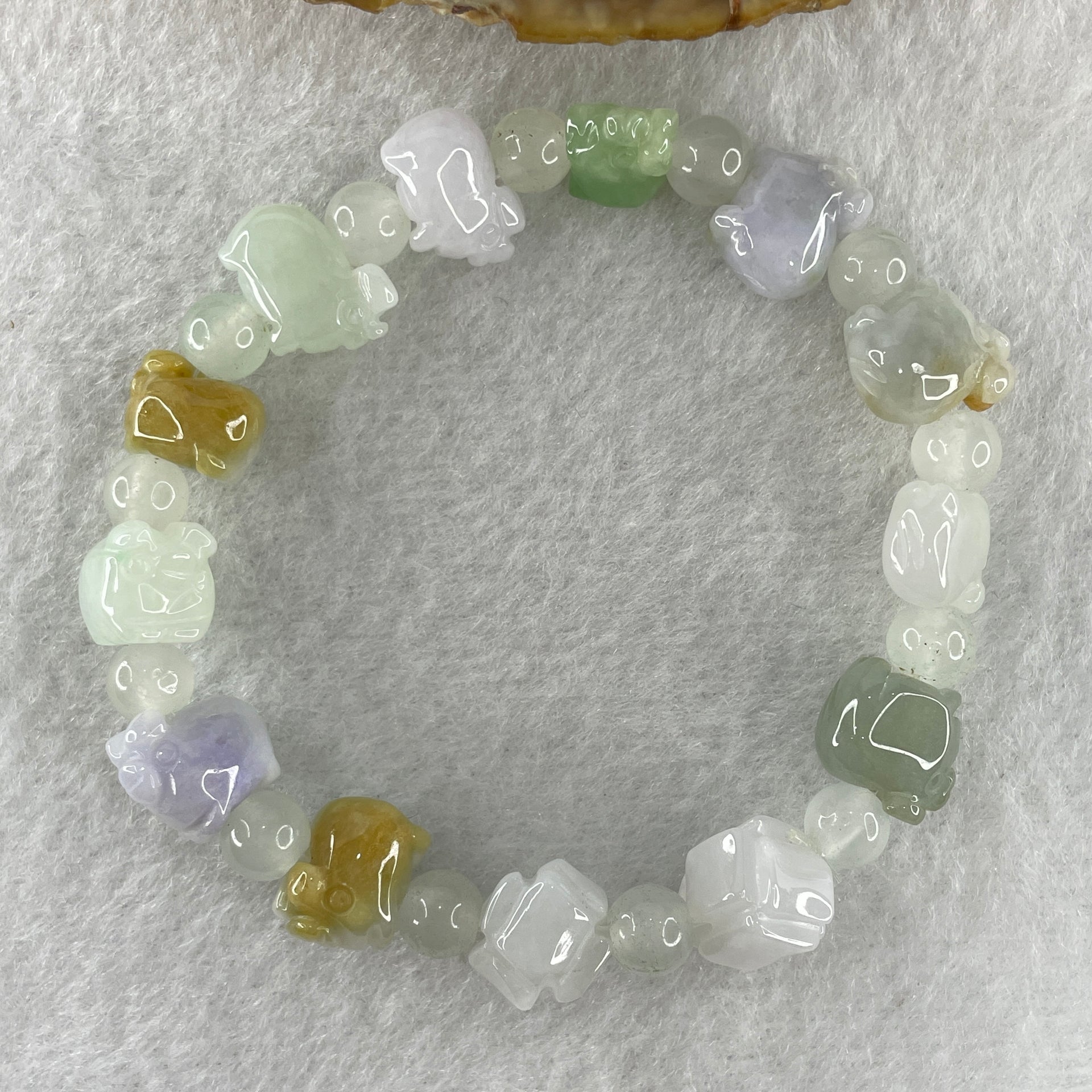 Natural Type A Multi Tone Green with Lavender and Yellow Jadeite Pig Shape Charms with Crystal Beads Bracelet 21.84g 15cm 12.1mm 11 Piglets - Huangs Jadeite and Jewelry Pte Ltd
