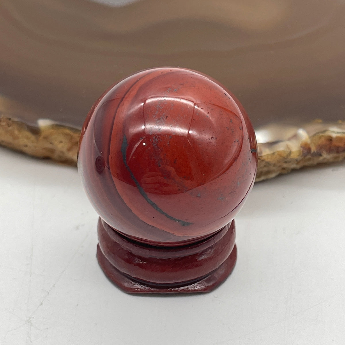 Natural Red Jasper Mini Sphere Ball with Wooden Stand Display | (43.65g | 30.6mm | 37.5mm | Anchor, Supreme Nurturer & Endurance Catalyst, 360° Energy Harmonizer & Feng Shui Stability Catalyst)
