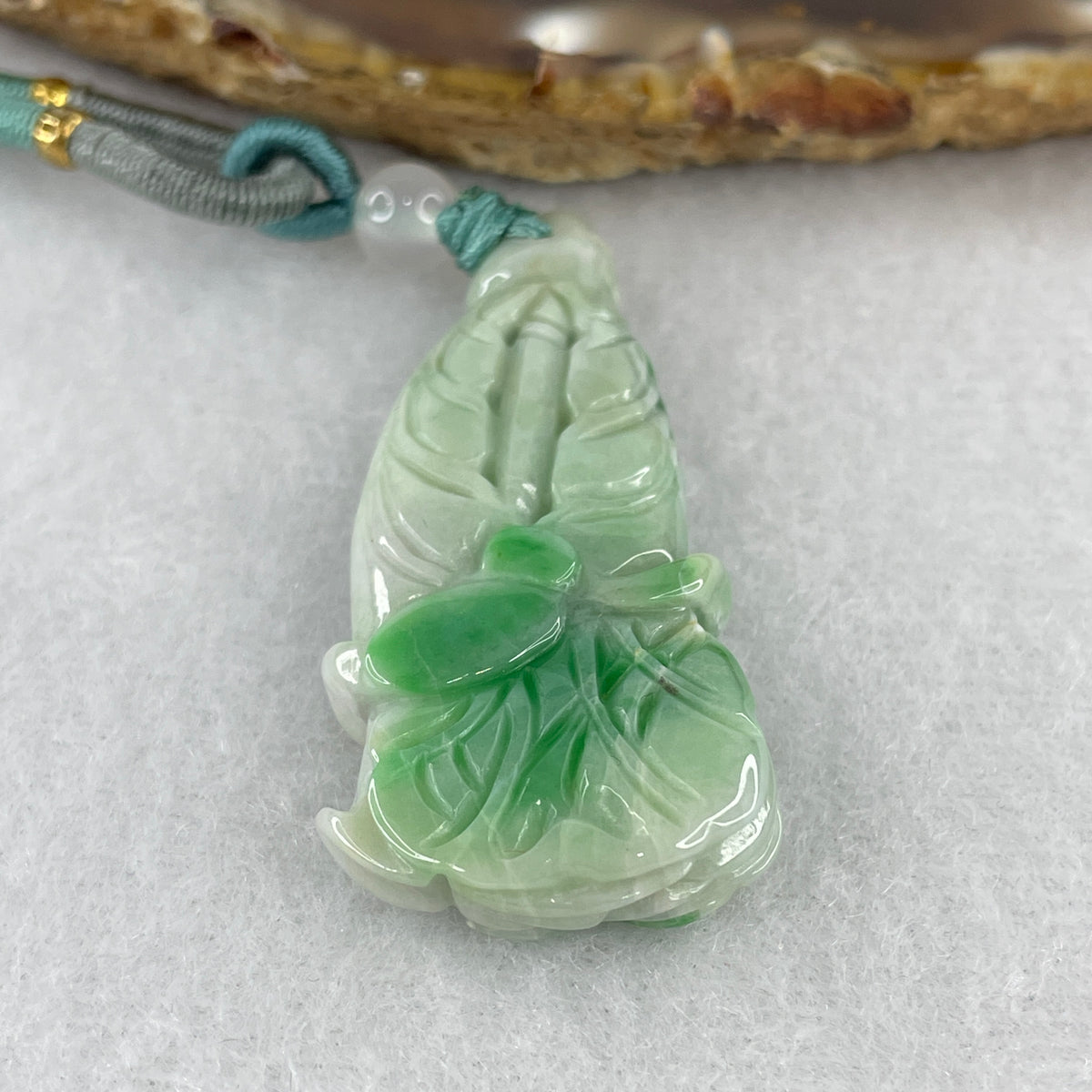 Natural Type A Light Green Jadeite Cabbage Pendant with Apple Green Piao Hua | 100% Untreated Hand-Carved Bai Cai Fortune Talisman | Solid Fei Cui Jade Pendant (16.35g | 54.8 × 21.7 × 8.7mm)