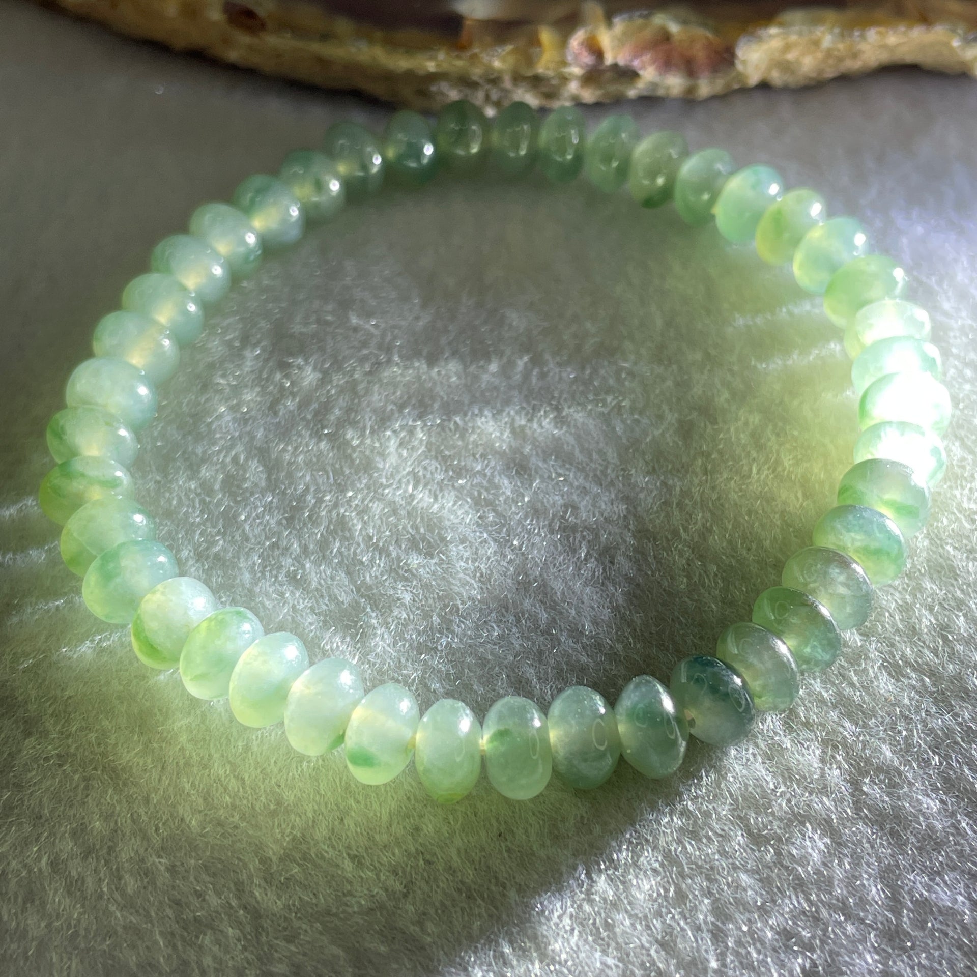 Type A Semi Icy Blueish Green with Green Piao Hua Jadeite Ping An Kou Donut Beads Bracelet 11.40g 14.5cm 6.1mm 42 Beads - Huangs Jadeite and Jewelry Pte Ltd