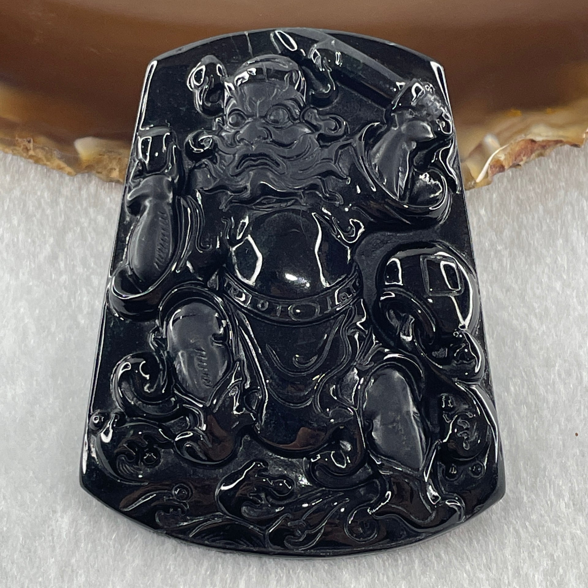 Type A Opaque to Partial Translucent Black Omphacite Jadeite Zhong Kui Pendant 37.41g 64.9 by 49.5 by 8.8mm - Huangs Jadeite and Jewelry Pte Ltd