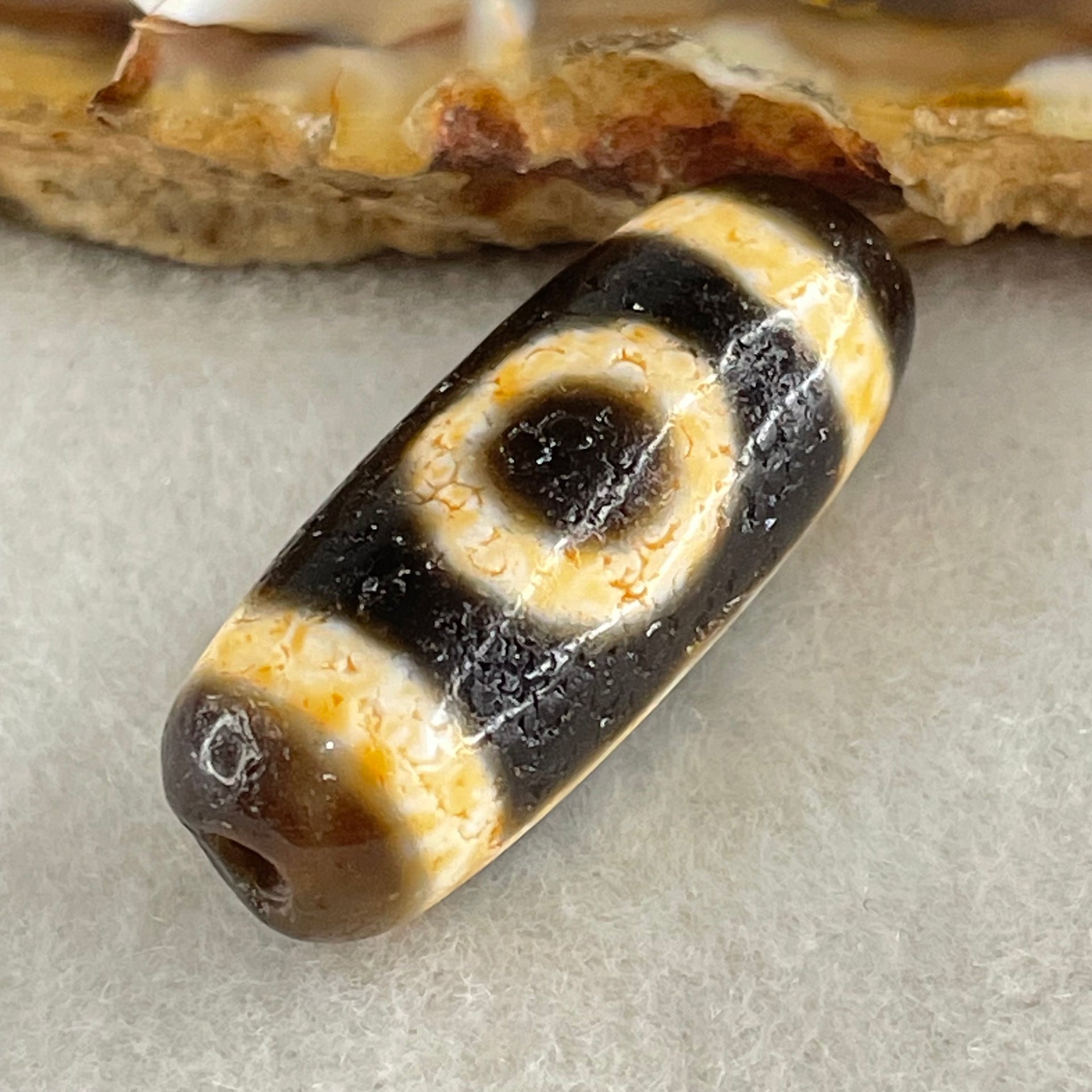 Natural Powerful Tibetan Old Oily Agate 2 Eyes Dzi Bead Heavenly Master (Tian Zhu) 二眼天诛 4.21g 26.7 by 10.2mm - Huangs Jadeite and Jewelry Pte Ltd