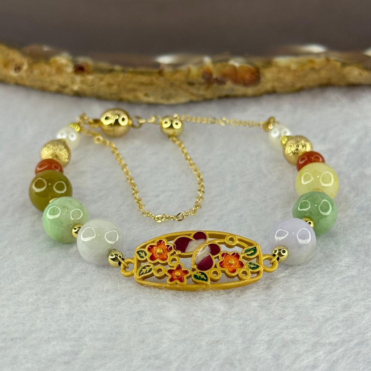 Type A Mixed Color Jadeite Beads with Butterfly and Flowers Charm Gold Color Bracelet 10.44g 8.4mm 6 Beads - Huangs Jadeite and Jewelry Pte Ltd