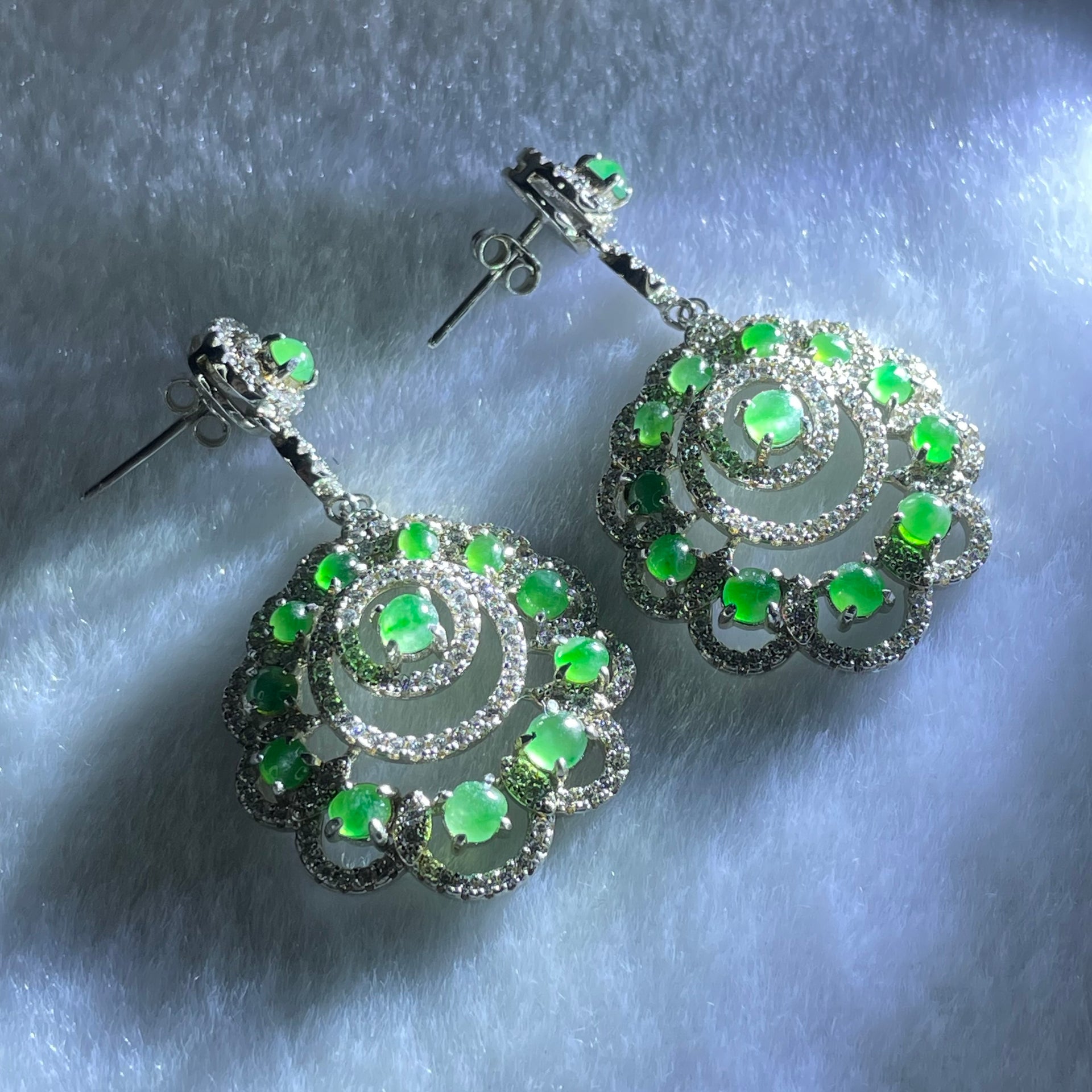 Type A Icy Green Jadeite Cabochon With Crystals in S925 Sliver Earrings 8.92g 3.5 by 1.5mm - Huangs Jadeite and Jewelry Pte Ltd