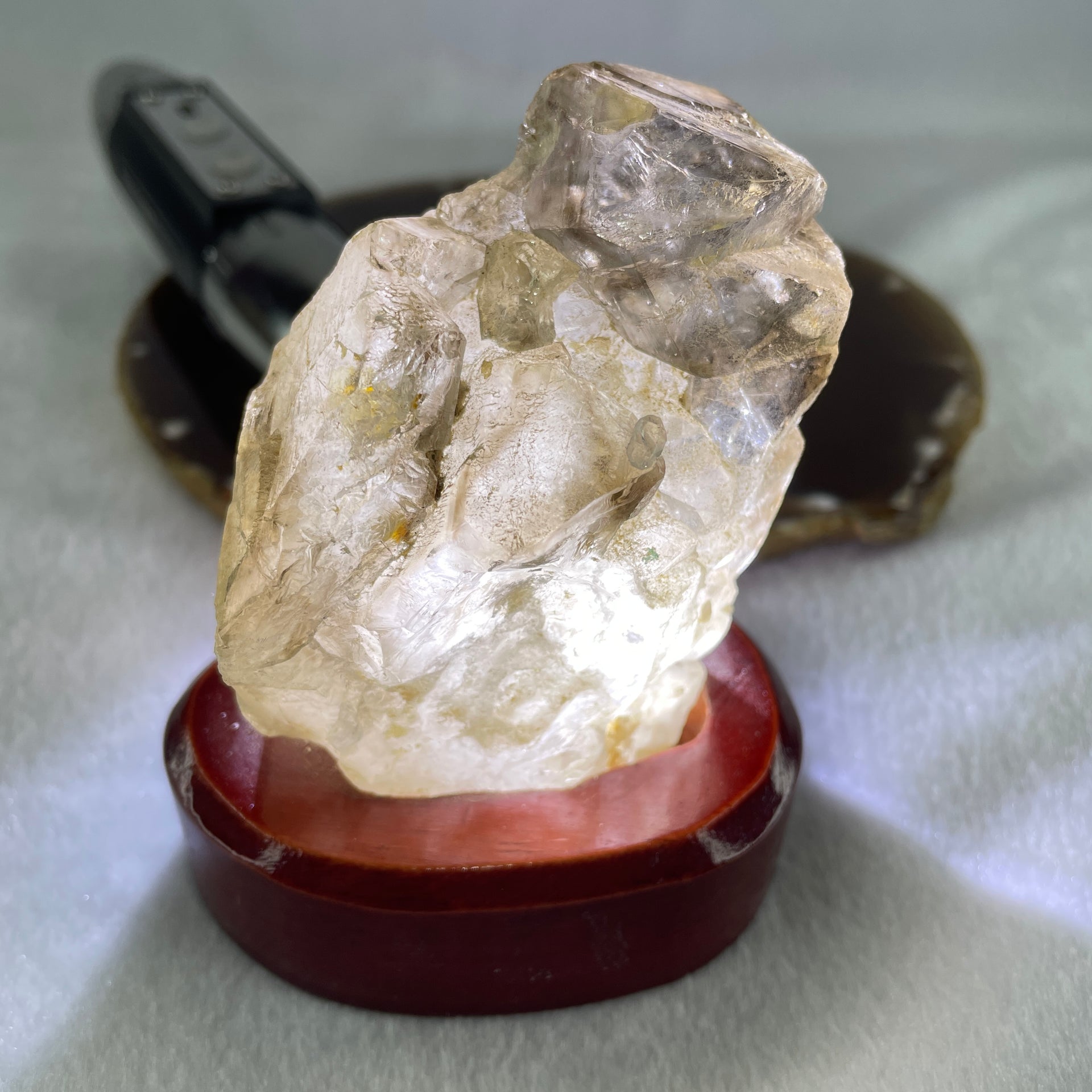 Natural Smoky Quartz Rough Irregular Shape Display in Wooden Stand 209.9g 72.0 by 52.4 by 85.7mm - Huangs Jadeite and Jewelry Pte Ltd