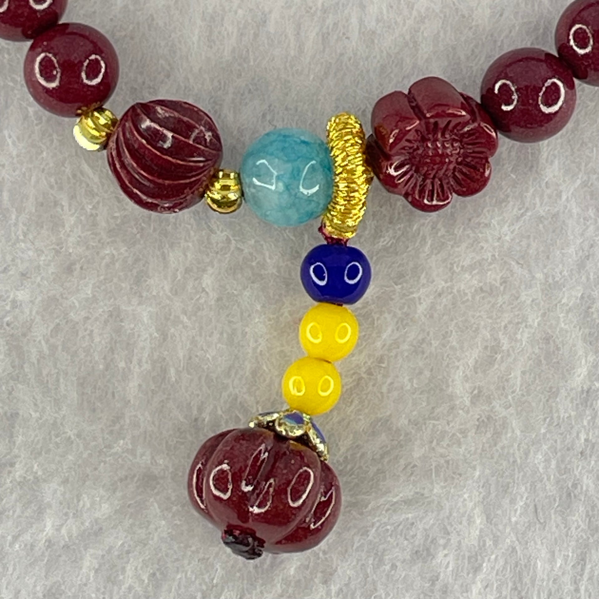 Natural Blood Red Cinnabar and Crystal Beads Bracelet with Flower and Pumpkin Charm 14.73g  15cm 6.4mm 24 Beads - Huangs Jadeite and Jewelry Pte Ltd