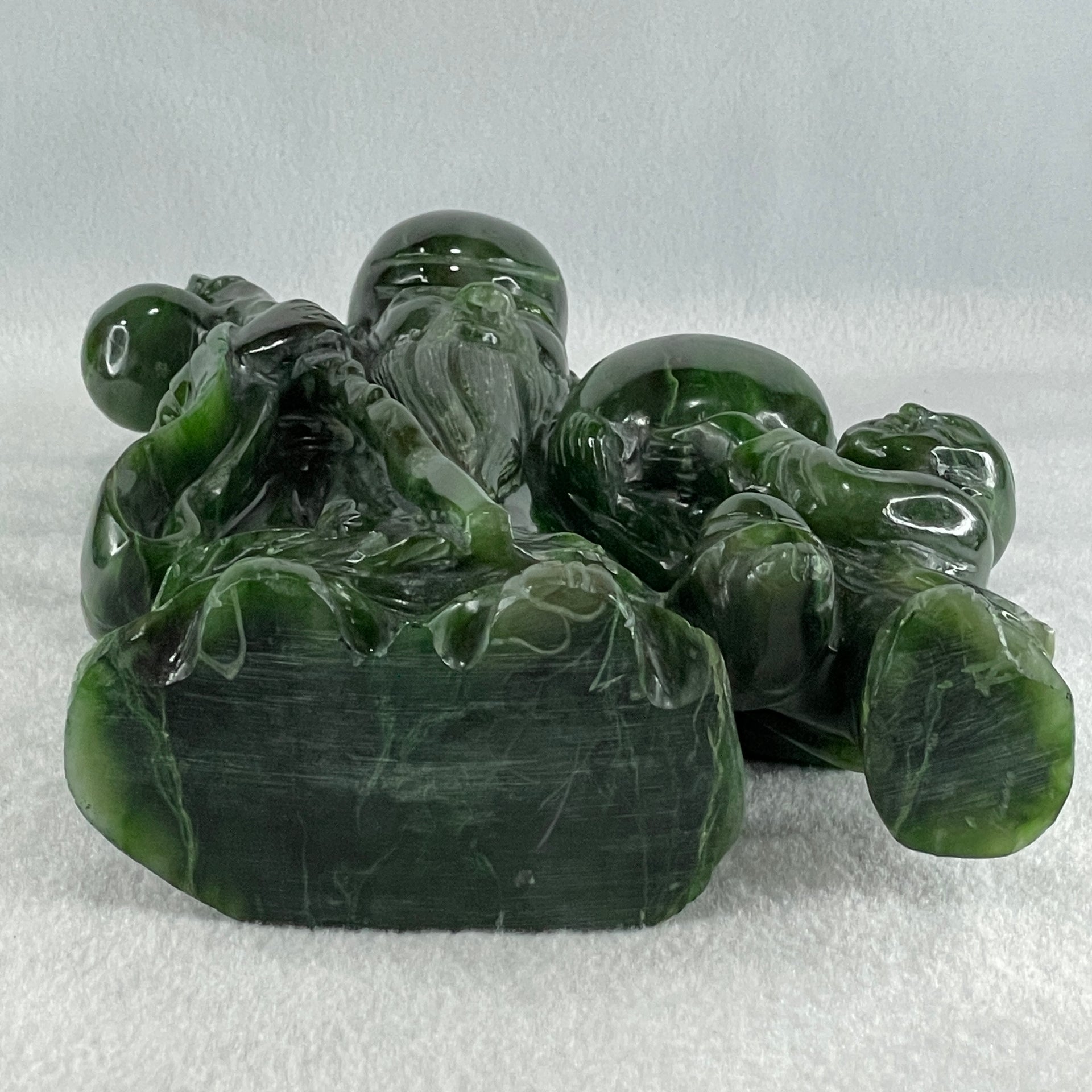 Natural Dark Green Serpentine Shou Xing Gong and Tong Zi and Longevity Peach with Wooden Stand Display 3,091.3g 193.0 by 95.0 by 257.0mm - Huangs Jadeite and Jewelry Pte Ltd