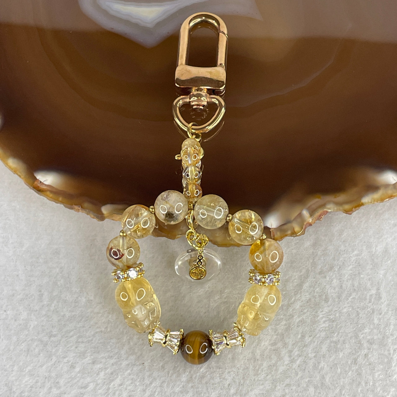 Natural Citrine & Tiger's Eye Quartz Beads Key Chain | Rose Gold Finish | 9-Piece Graded "Solar Flare" Wealth Talisman & Luxury Bag Charm (21.34g, 8.5-9.3mm)