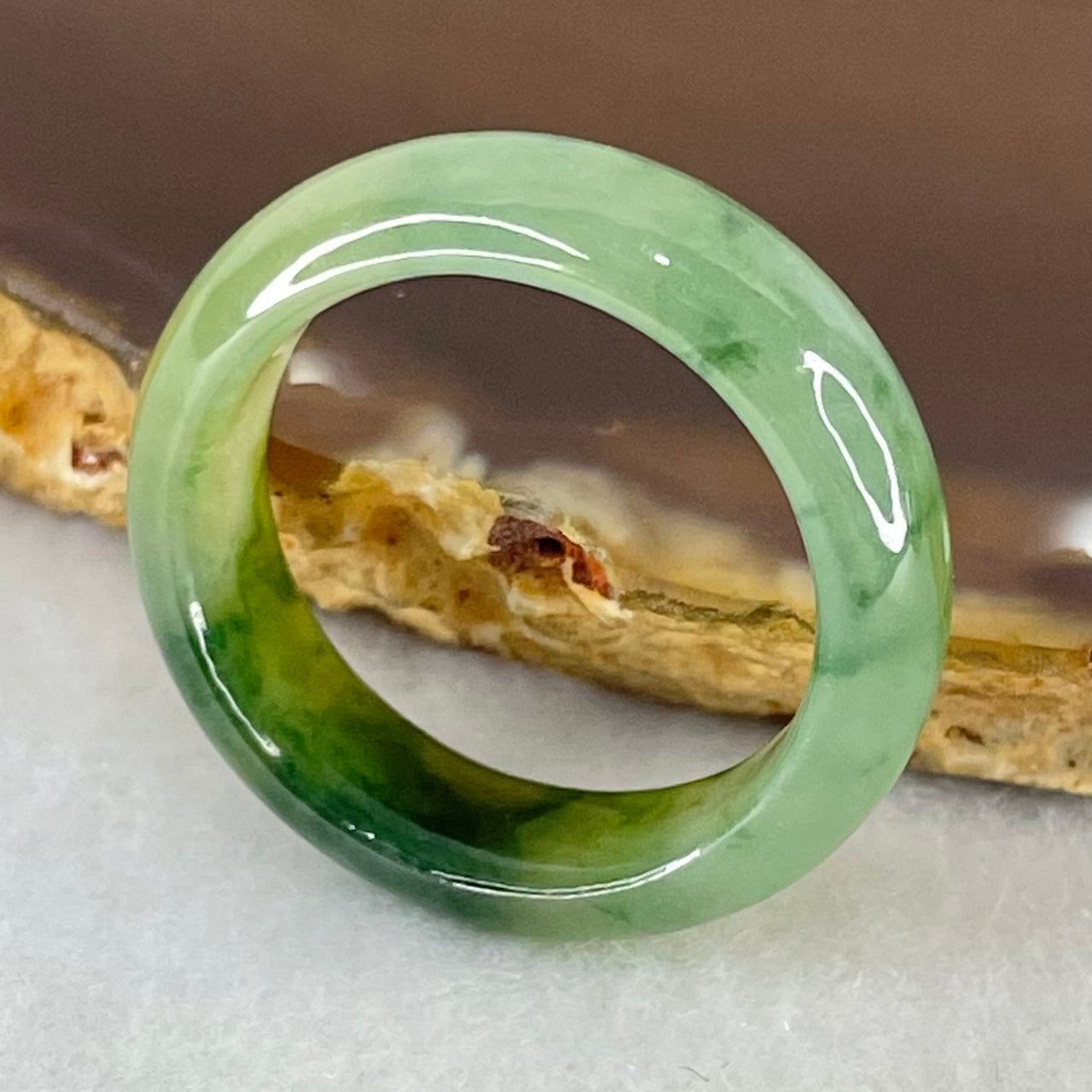 Type A Semi Icy Yellowish Green with Intense Spicy Green Piao Hua Jadeite Ring 4.28g 6.6 by 3.8mm US9 HK20 - Huangs Jadeite and Jewelry Pte Ltd