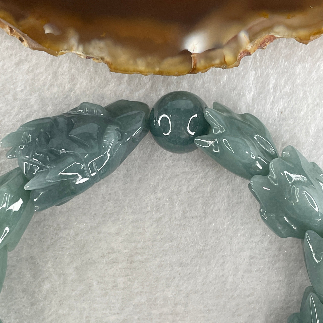 Certified Natural Type A Blueish Green Jadeite Dragon Bracelet 54.58g 16.5cm 16.1mm Dragon Head - 15.0mm 13 Pcs - Huangs Jadeite and Jewelry Pte Ltd