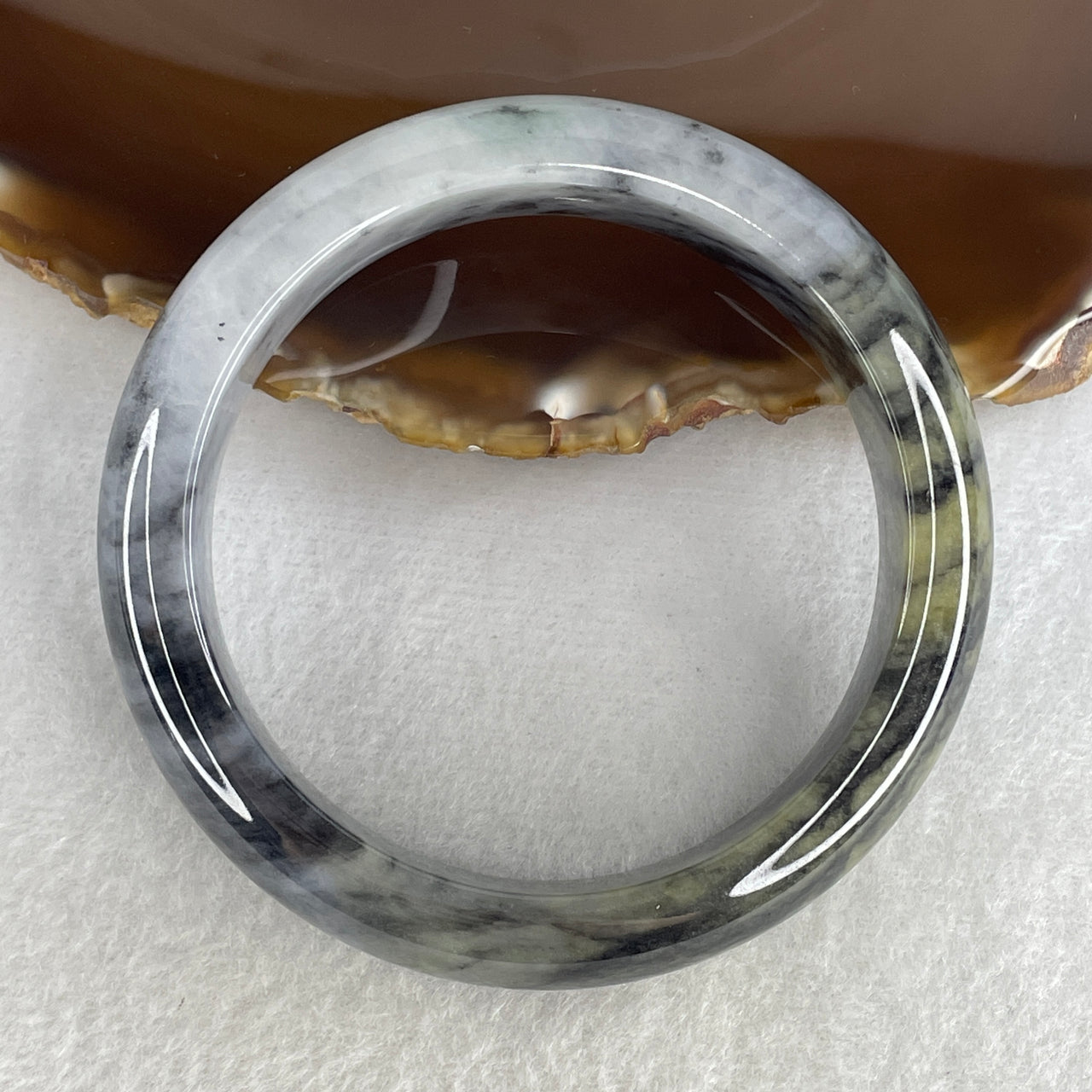 Natural Type A Partial Translucent Jadeite Bangle | 59.8mm Ink-Wash "Wuji" Grey & Black with Golden Yellow Patches | Massive Wide-Band "Fei Cui" Statement Heirloom 82.55g 15.3x9.8mm (Internal Line)