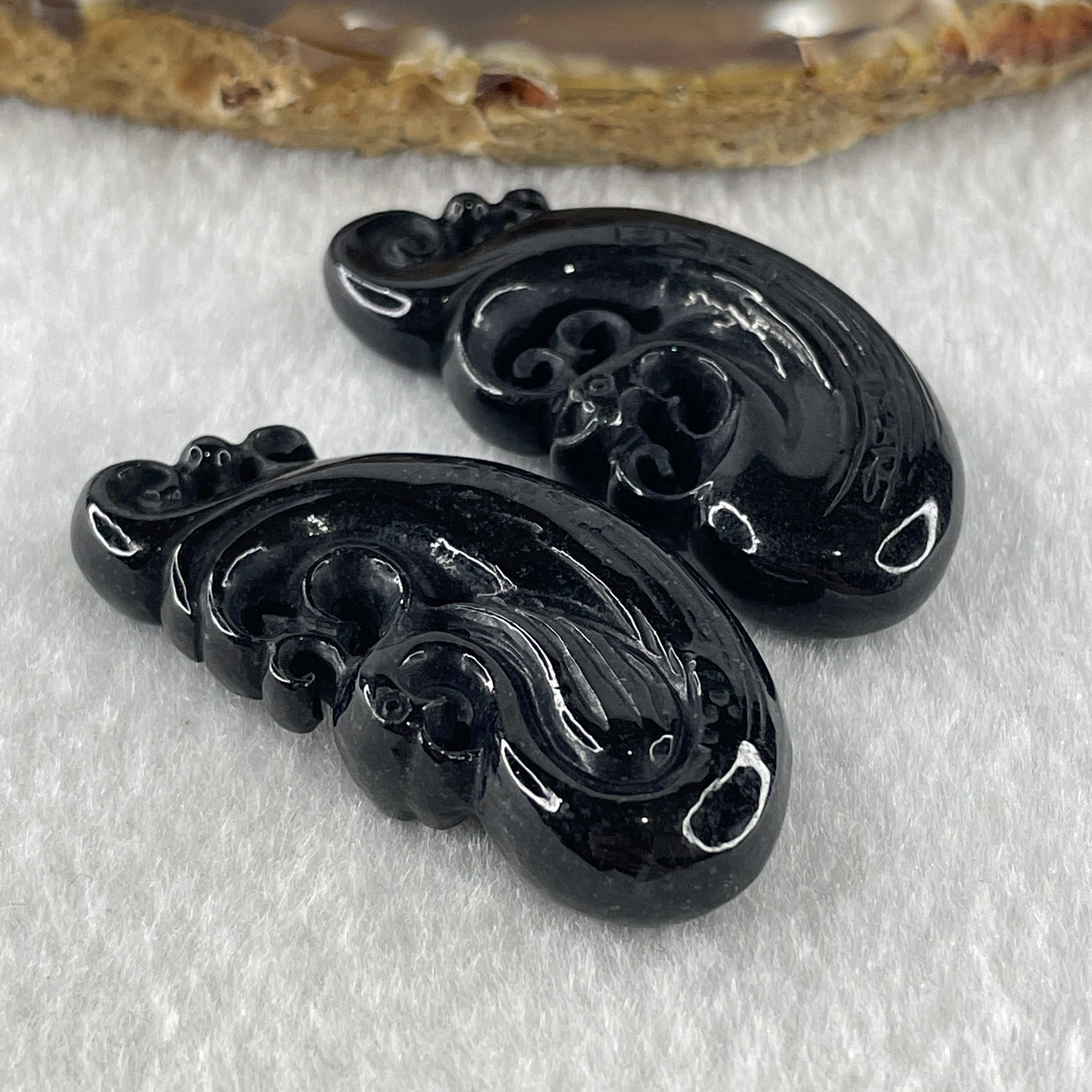 Type A Opaque Black Omphacite Jadeite Dragon 12.51g 42.4 by 20.6 by 8.2mm and Phoenix 13.27g 42.6 by 20.7 by 8.7mm Pair Pendant - Huangs Jadeite and Jewelry Pte Ltd